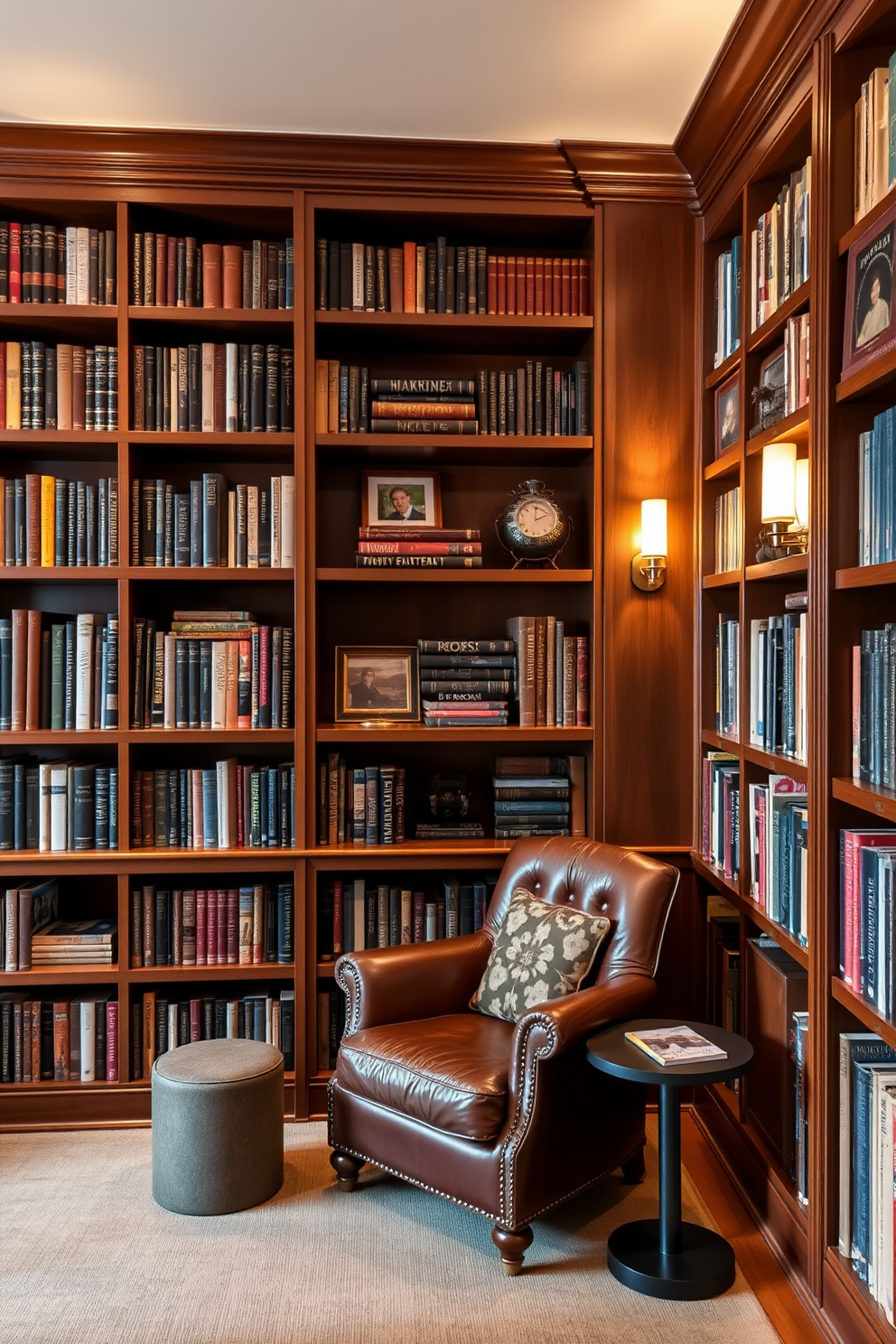 A classic home library design features rich wooden bookshelves that stretch from floor to ceiling, filled with an array of books and decorative items. A plush leather armchair is positioned in a cozy reading nook, illuminated by warm wall-mounted lighting that creates an inviting ambiance.