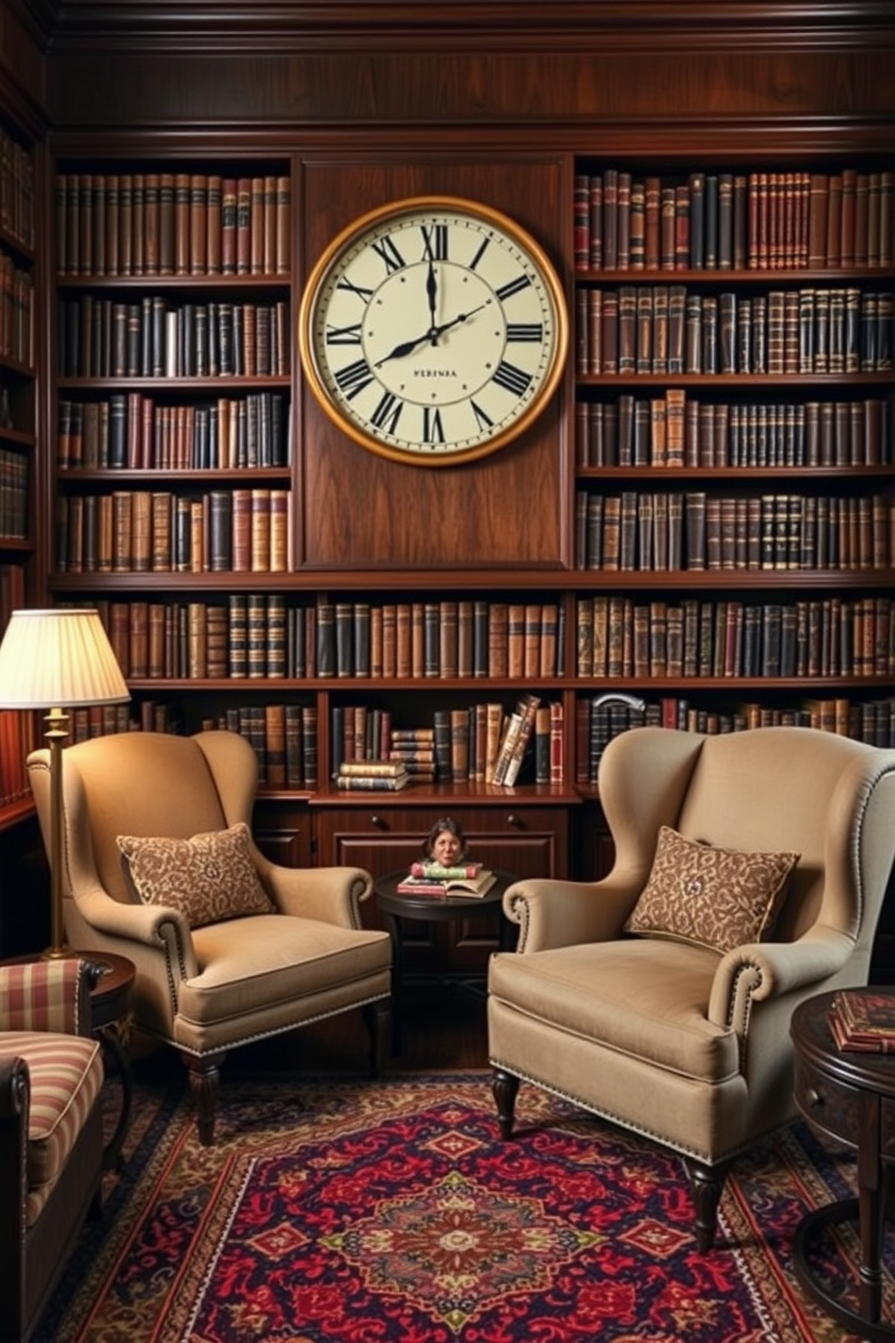 A classic home library features rich mahogany bookshelves filled with leather-bound volumes. A large vintage clock hangs above a cozy reading nook with a plush armchair and a side table adorned with decorative accents.