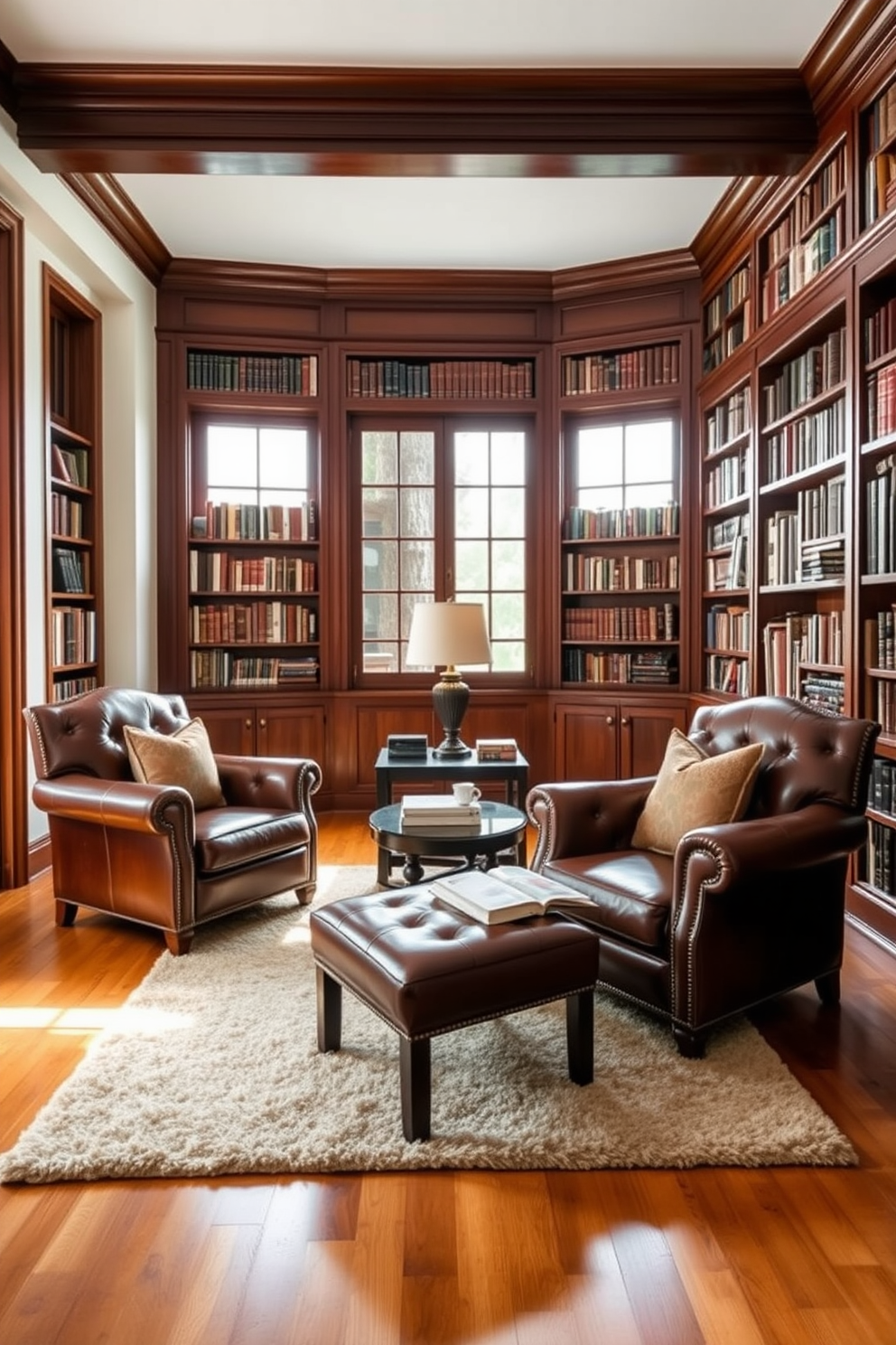 Classic leather armchairs with ottomans are placed in a cozy corner of the room, inviting relaxation and comfort. The rich brown leather contrasts beautifully with the warm wooden flooring, creating an elegant atmosphere. The armchairs are paired with matching ottomans, providing a perfect spot to rest your feet while enjoying a good book. A sleek side table between them holds a vintage lamp, casting a soft glow over the reading area. Classic home library design ideas feature tall bookshelves lined with an extensive collection of books, showcasing both literature and decorative items. A plush area rug anchors the space, adding warmth and texture to the sophisticated design. Large windows allow natural light to flood the room, highlighting the rich colors of the wood and leather. Comfortable seating arrangements encourage long hours of reading and contemplation in this inviting library space.