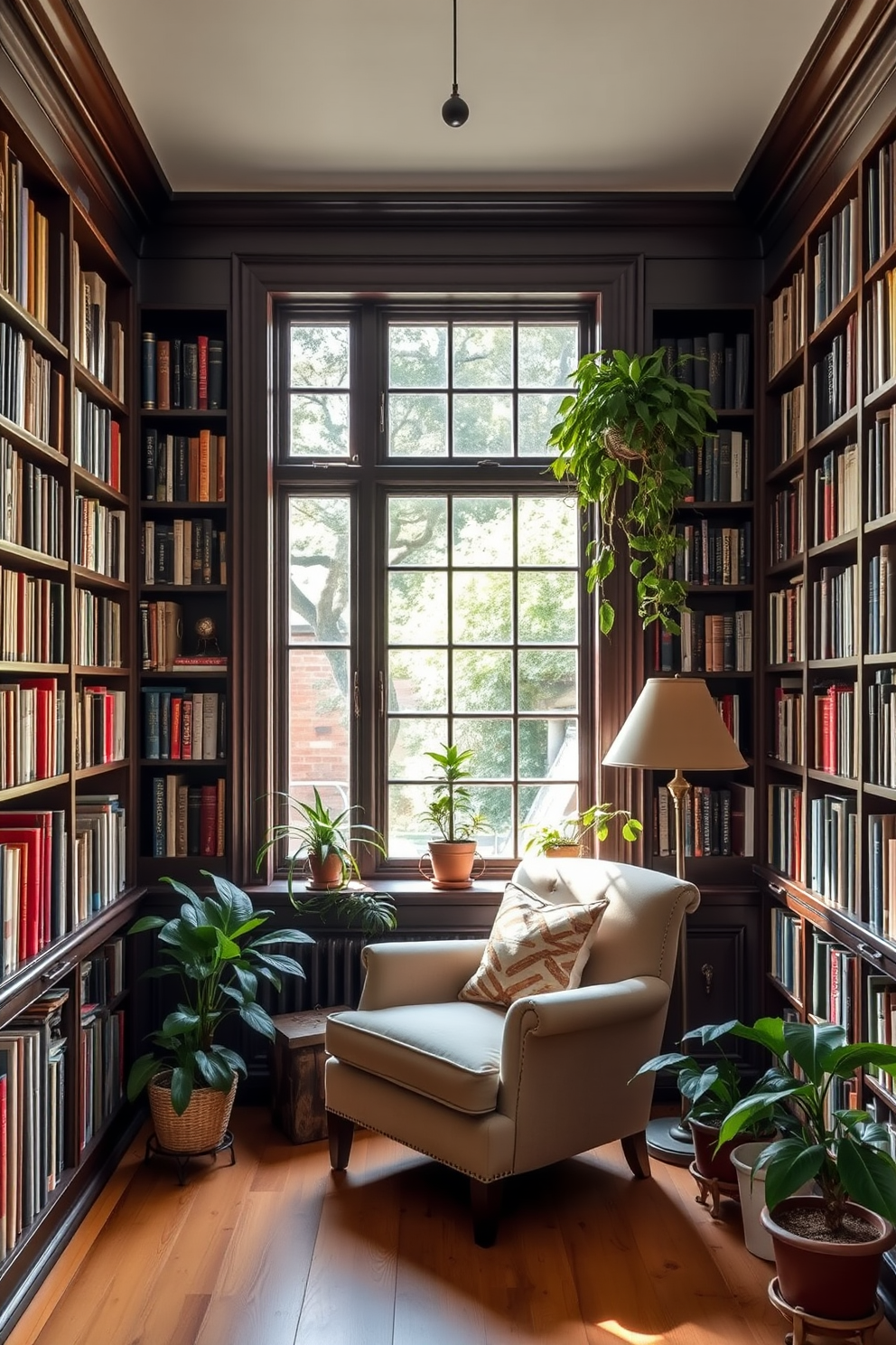 A cozy home library filled with natural light. The walls are lined with dark wooden bookshelves filled with an array of books, while a plush armchair sits invitingly in the corner. A large window offers a view of the garden outside, bringing in a sense of tranquility. Potted indoor plants are strategically placed around the room, adding a fresh and vibrant touch to the classic design.