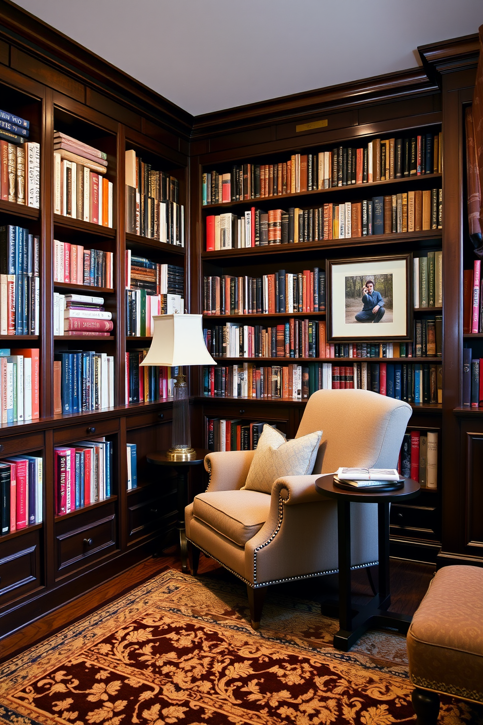 A classic home library with dark wood paneling that creates a warm and inviting atmosphere. The room features built-in bookshelves filled with an extensive collection of books, complemented by a cozy reading nook with a plush armchair and a small side table.