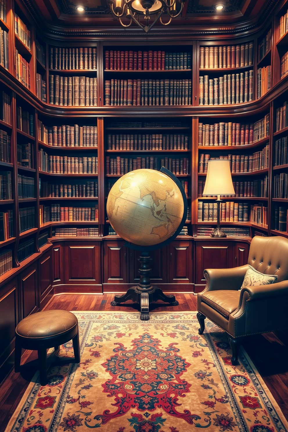 A classic home library design featuring an antique globe as the focal point. The room is adorned with rich wooden bookshelves filled with leather-bound books and a cozy reading nook with a plush armchair. Warm, ambient lighting casts a soft glow over the space, highlighting the globe's intricate details. A vintage rug underfoot adds texture and warmth, creating an inviting atmosphere for reading and relaxation.