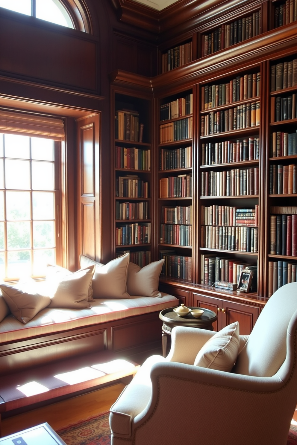 A charming window seat adorned with plush cushions invites relaxation and comfort. Sunlight streams through the large window, illuminating the soft fabrics and creating a cozy nook for reading. Classic home library design ideas feature rich wooden bookshelves filled with an array of books. A large, comfortable armchair sits in the corner, accompanied by a small side table for a cup of tea or coffee.