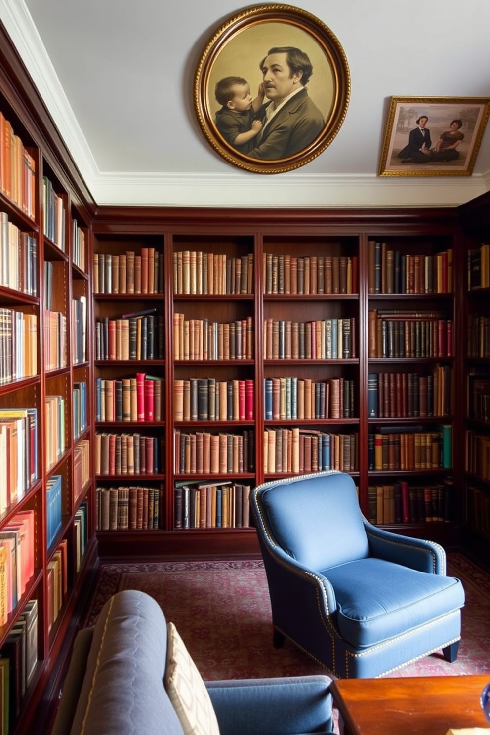 A classic home library featuring rich wooden shelves lined with vintage books. The walls are adorned with vintage artwork, creating a warm and inviting atmosphere.