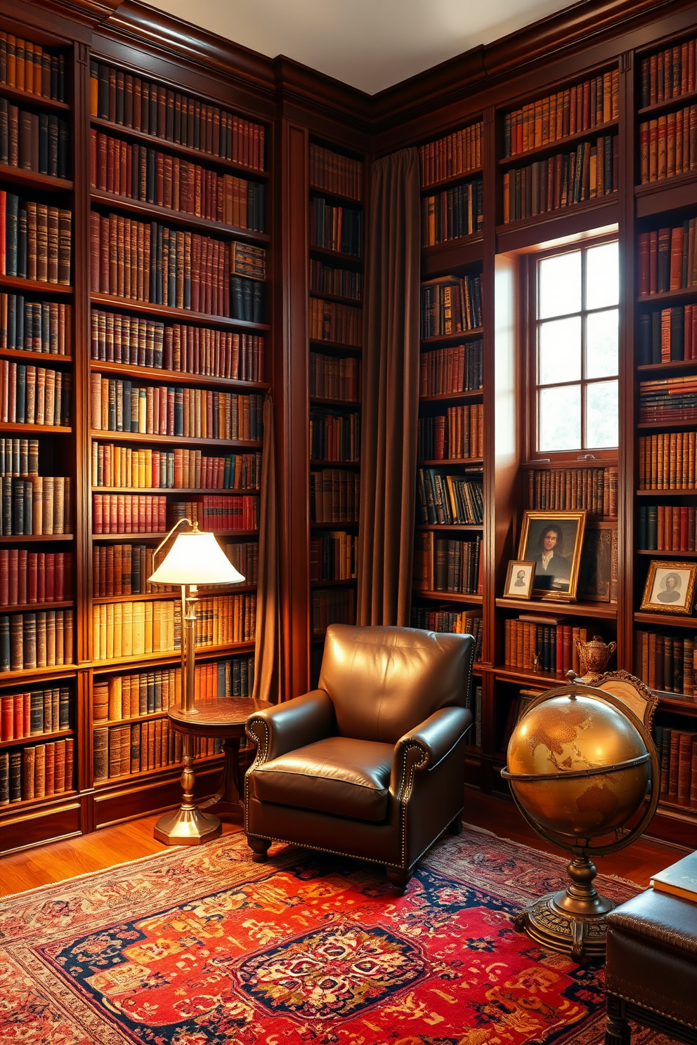 A classic home library featuring rich mahogany bookshelves that stretch from floor to ceiling filled with an extensive collection of books. A cozy reading nook is created with a plush leather armchair and a brass floor lamp casting a warm glow over a vintage Persian rug. The room is adorned with brass accents, including a decorative globe and picture frames, adding a touch of timeless elegance. Large windows draped with heavy velvet curtains allow natural light to filter in, enhancing the inviting atmosphere of the space.