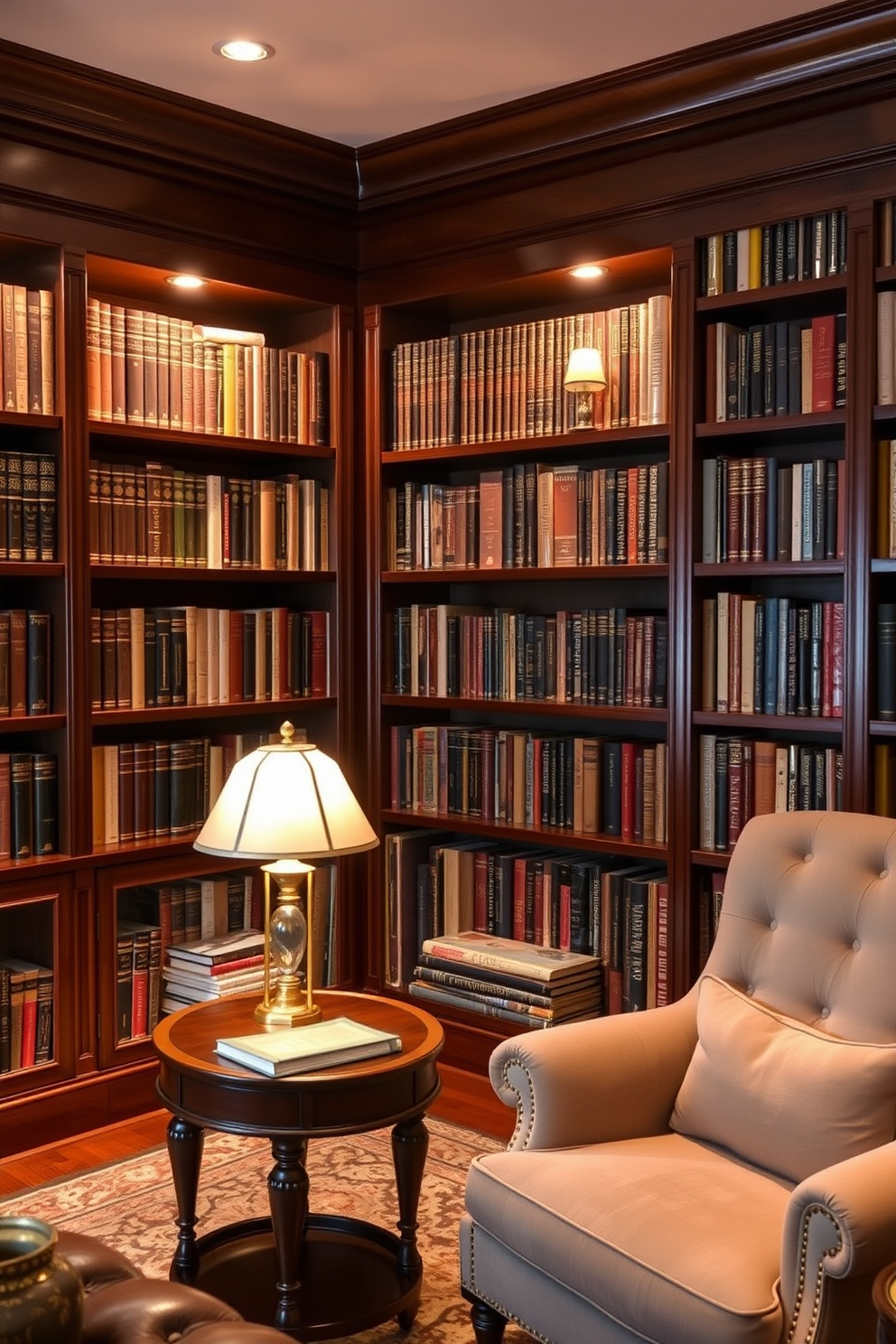 A cozy home library with warm lighting emanating from elegant table lamps placed on wooden side tables. The walls are lined with rich mahogany bookshelves filled with an extensive collection of books, and a plush armchair invites you to settle in with a good read.