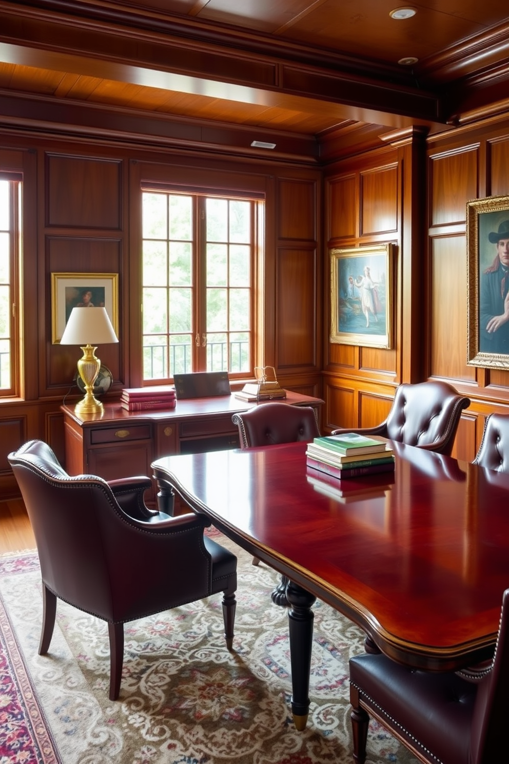 Elegant wood-paneled walls create a warm and inviting atmosphere in a classic home office. A large mahogany desk sits in front of a window, adorned with a vintage brass desk lamp and a stack of leather-bound books. Richly upholstered chairs provide comfort and style, positioned around a polished wooden conference table. The room is accented with tasteful artwork and a plush area rug that complements the wood tones.