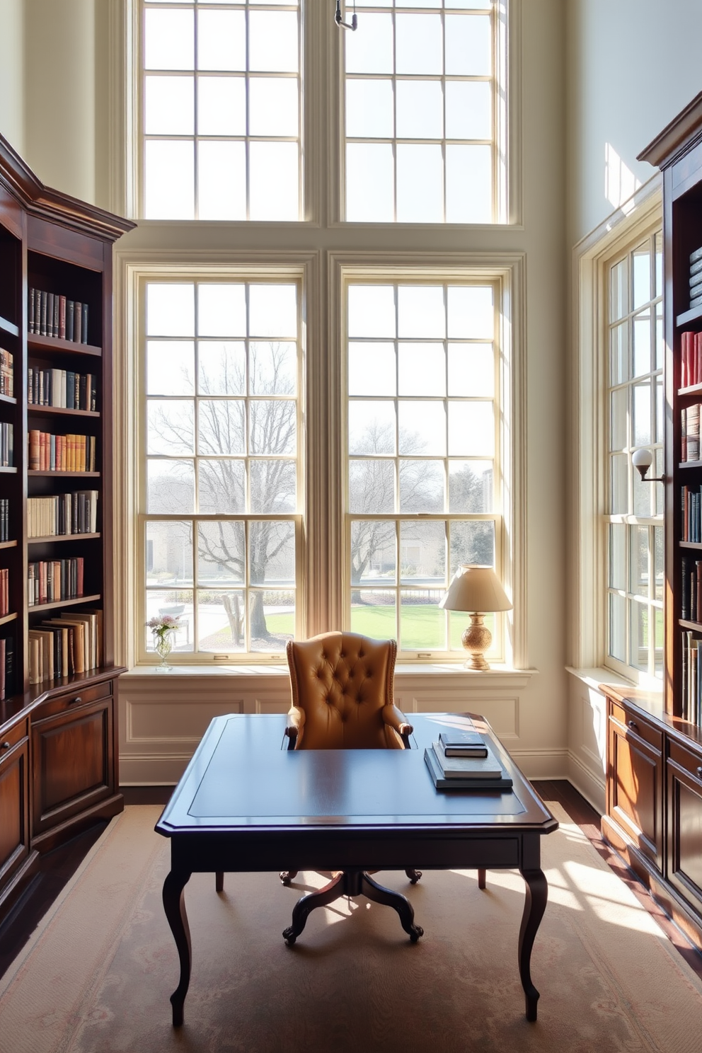 Cozy armchair in a reading nook. The armchair is upholstered in a soft, textured fabric and positioned next to a tall bookshelf filled with various books and decorative items. Classic home office design ideas. The office features a large wooden desk with a sleek finish, paired with an ergonomic chair and accented by a stylish desk lamp and framed artwork on the walls.