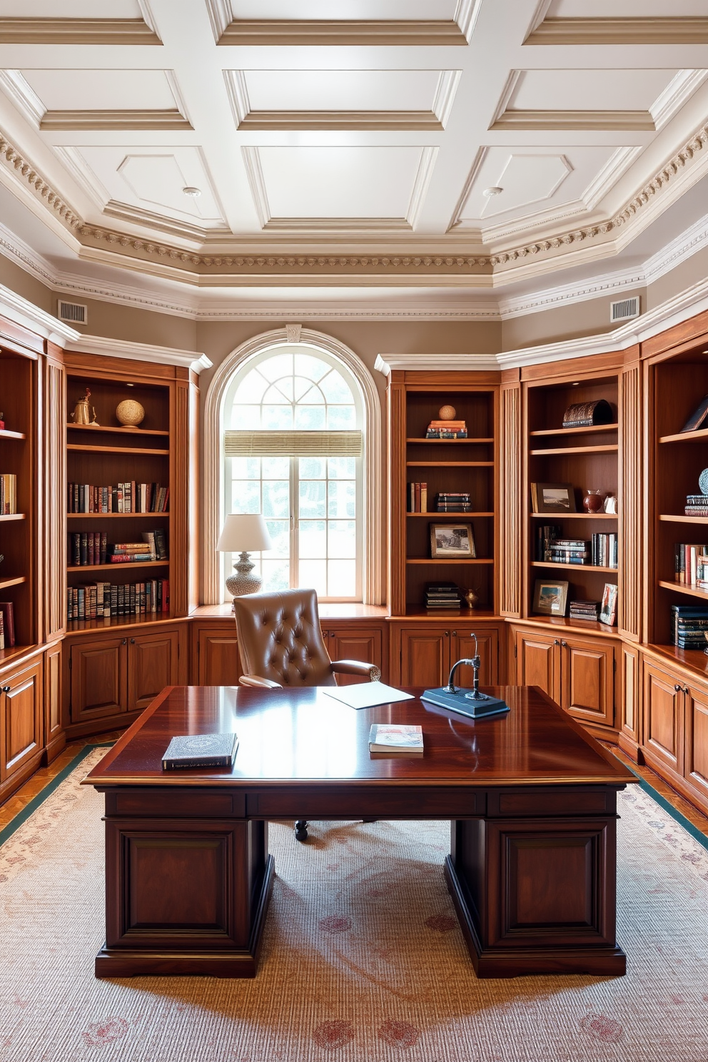 A classic home office design featuring white crown molding that adds an elegant touch to the space. The room includes a polished wooden desk paired with a comfortable leather chair, surrounded by built-in bookshelves filled with books and decorative items.