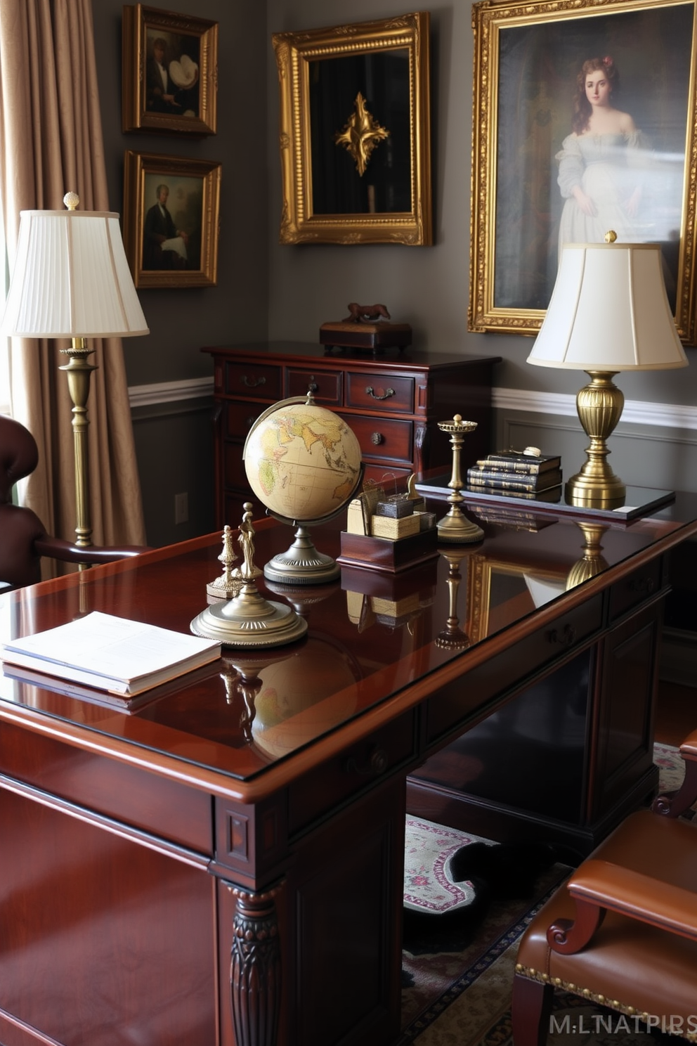 Antique desk accessories arranged on a polished wooden desk create a sense of character and history. A vintage globe, an ornate pen holder, and an elegant desk lamp complement the rich mahogany finish of the furniture. The walls are adorned with classic artwork in gilded frames, enhancing the sophisticated atmosphere. A plush leather chair and a soft area rug add warmth and comfort to the space, inviting productivity in a timeless home office setting.