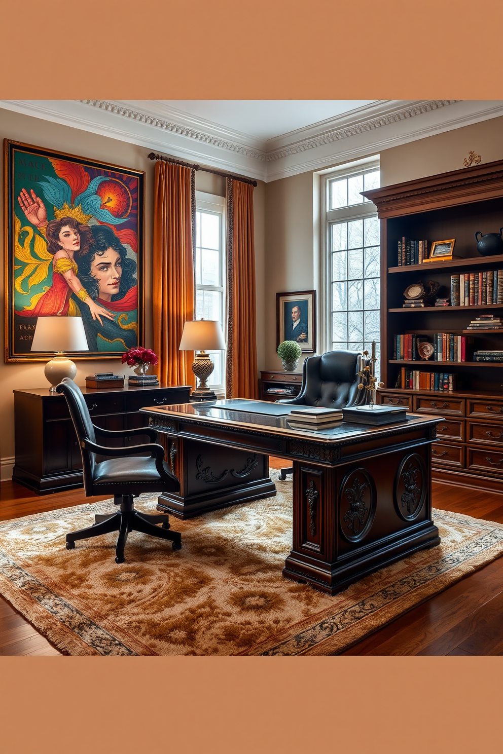 A classic home office setting features a large wooden desk with intricate carvings and a comfortable leather chair. The walls are painted in a soft beige tone, accented by dark wood shelves filled with books and decorative items. Natural light floods the room through tall windows dressed in sheer white curtains. A plush area rug in muted tones lies underfoot, providing warmth and comfort to the space.