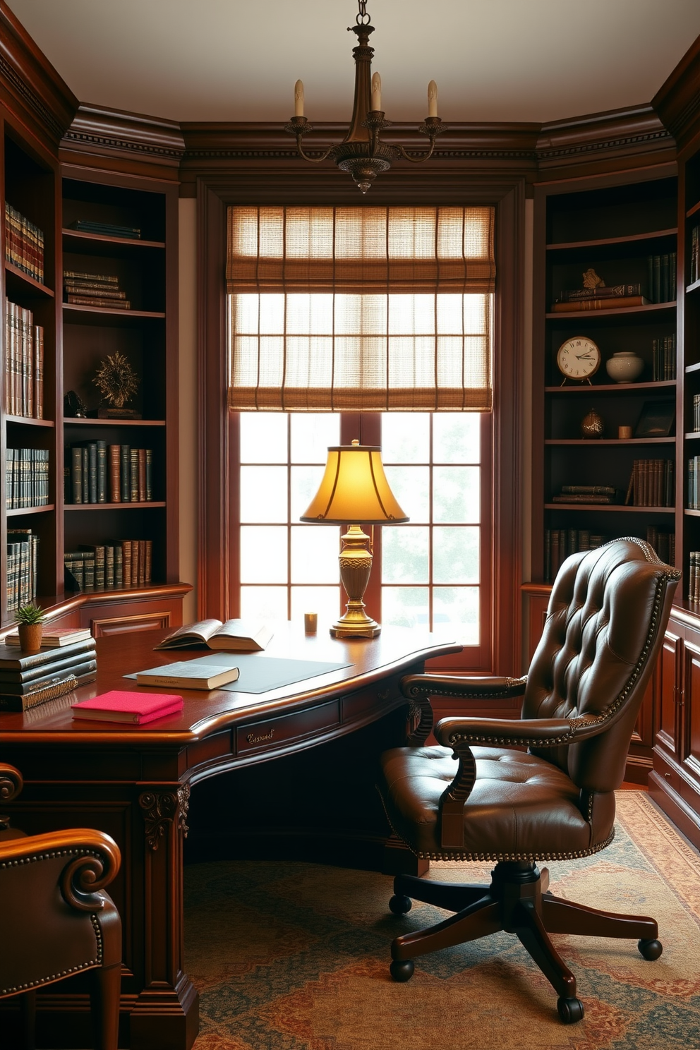 An elegant chandelier hangs gracefully from the ceiling, casting a warm glow over the room. Rich wooden bookshelves line the walls, filled with an array of books and decorative items. A large mahogany desk sits in the center, paired with a plush leather chair for comfort. Soft, neutral tones adorn the walls, complemented by a patterned area rug that adds texture to the space.