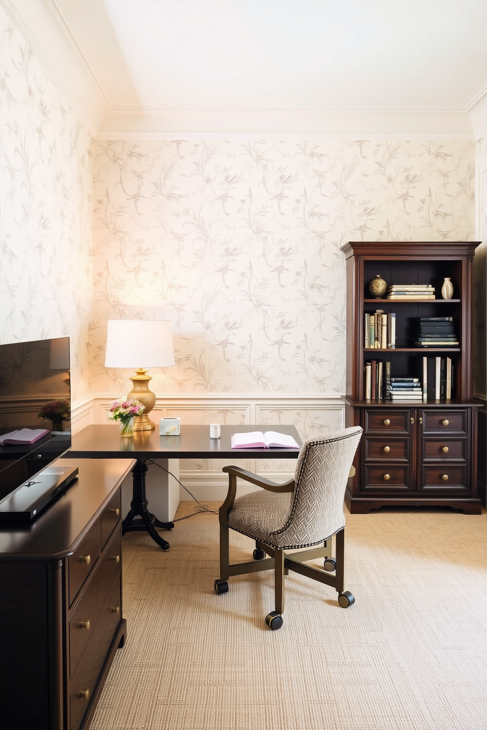 A classic home office featuring traditional artwork in ornate frames adorns the walls. A large wooden desk with intricate carvings sits in the center, complemented by a plush leather chair and a stylish bookshelf filled with vintage books.