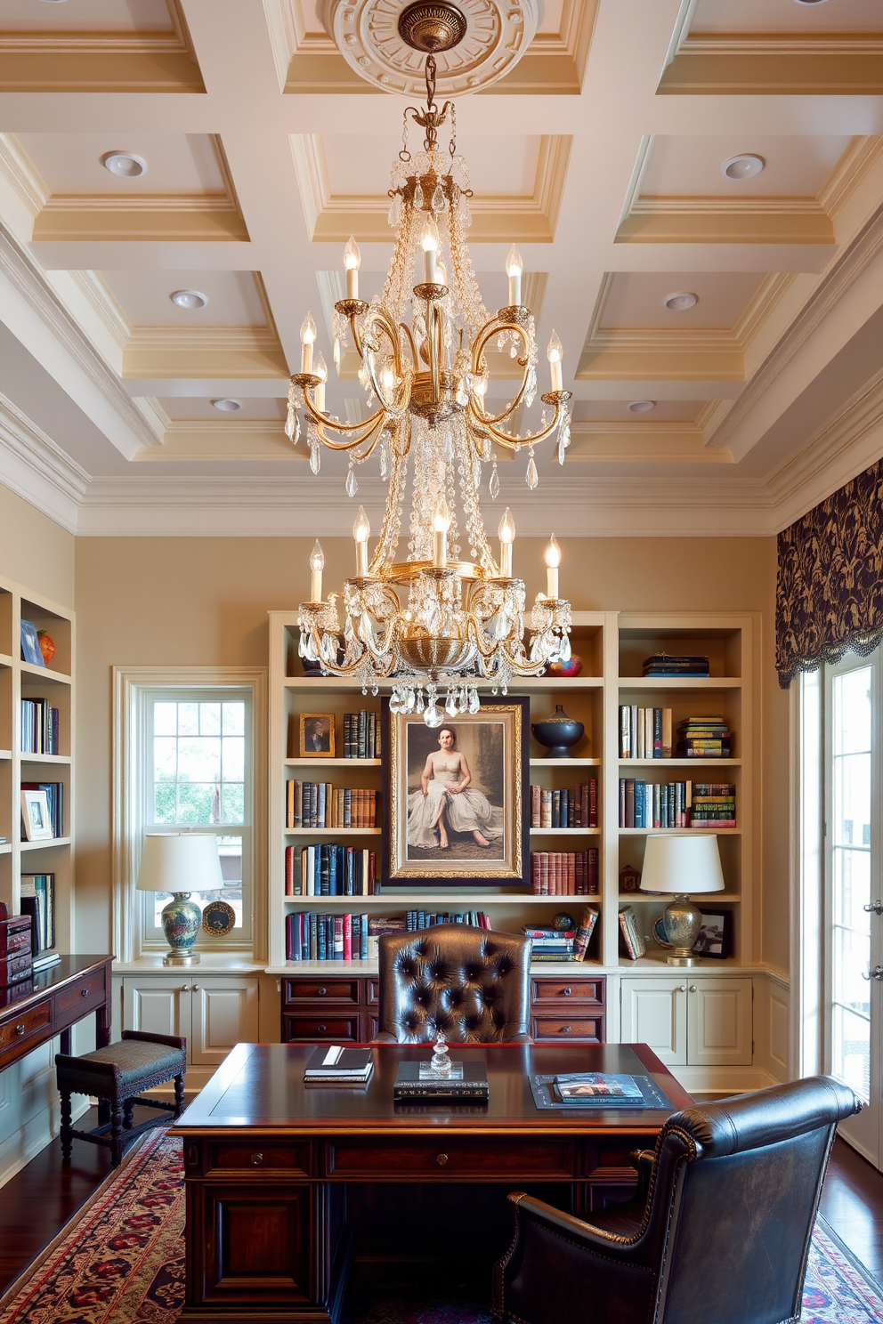 Elegant chandeliers to enhance ambiance. The room features a grand chandelier with crystal accents hanging from a coffered ceiling, casting a warm glow over the space. Classic home office design ideas. A rich mahogany desk sits against a wall adorned with built-in bookshelves, while a plush leather chair complements the traditional decor.