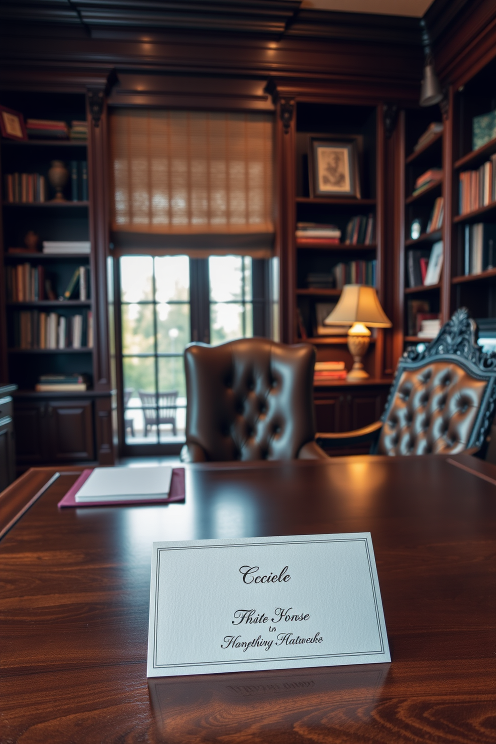 A classic home office features a large wooden desk with intricate carvings and a comfortable leather chair. The walls are adorned with dark wood paneling and shelves filled with books and decorative items, creating an inviting atmosphere. Personalized stationery is elegantly displayed on the desk, showcasing a refined design that complements the office decor. Soft lighting from a vintage desk lamp casts a warm glow, enhancing the sophisticated ambiance of the space.