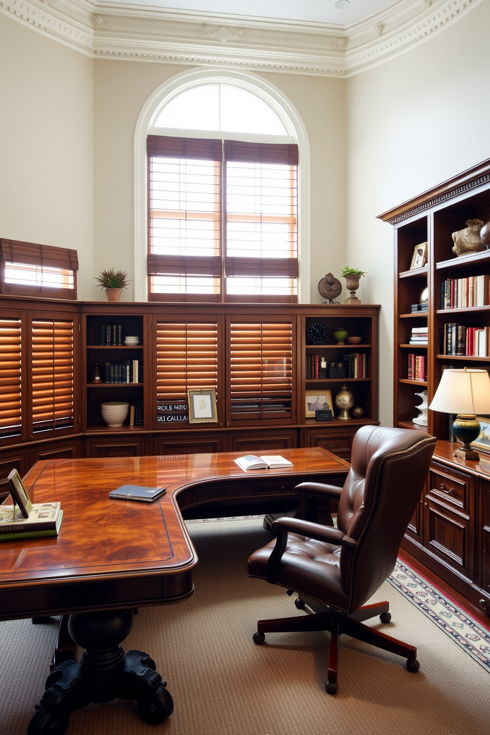 A classic home office setting featuring wooden blinds that add a refined touch to the space. The room is adorned with a large wooden desk, a comfortable leather chair, and bookshelves filled with elegant decor and books.