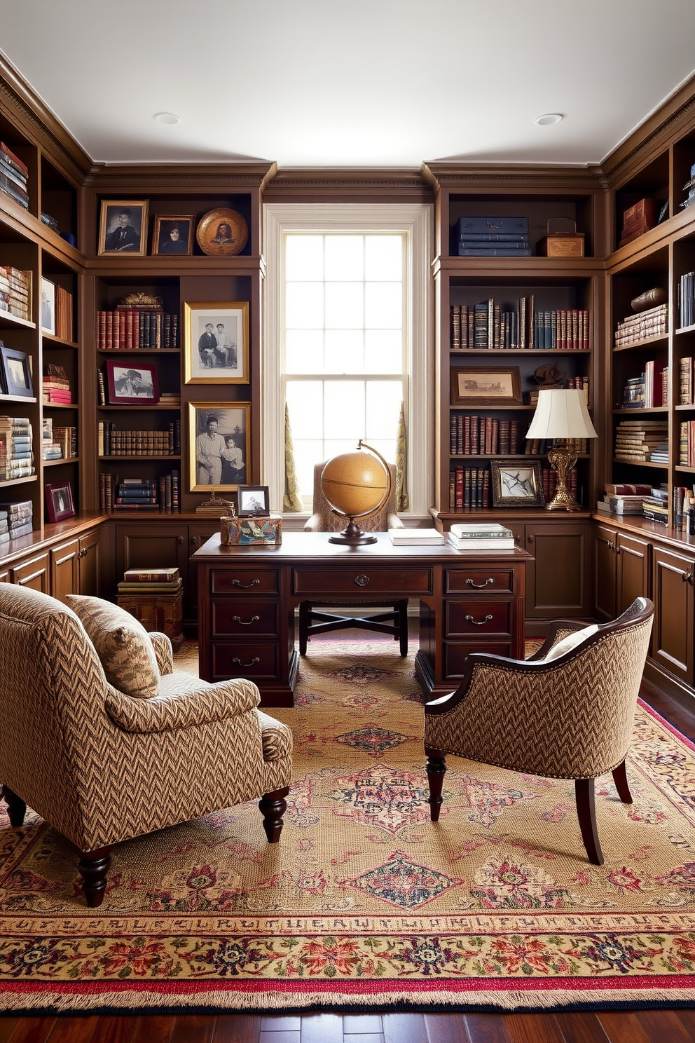 A classic home office filled with family heirlooms as decorative elements. A large wooden desk sits in the center of the room, adorned with an antique globe and framed family photos. The walls are lined with built-in bookshelves, showcasing a collection of vintage books and decorative boxes. A plush armchair in a rich fabric invites comfort, while a traditional rug anchors the space beneath.