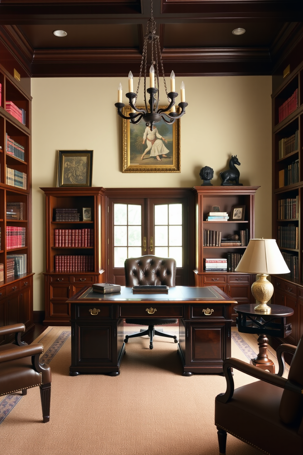 Elegant bookshelves with decorative accents. The shelves are filled with a mix of books and curated decorative items, including vases and framed photographs. Classic home office design ideas. The workspace features a vintage wooden desk paired with a comfortable leather chair, and the walls are adorned with art that inspires creativity.