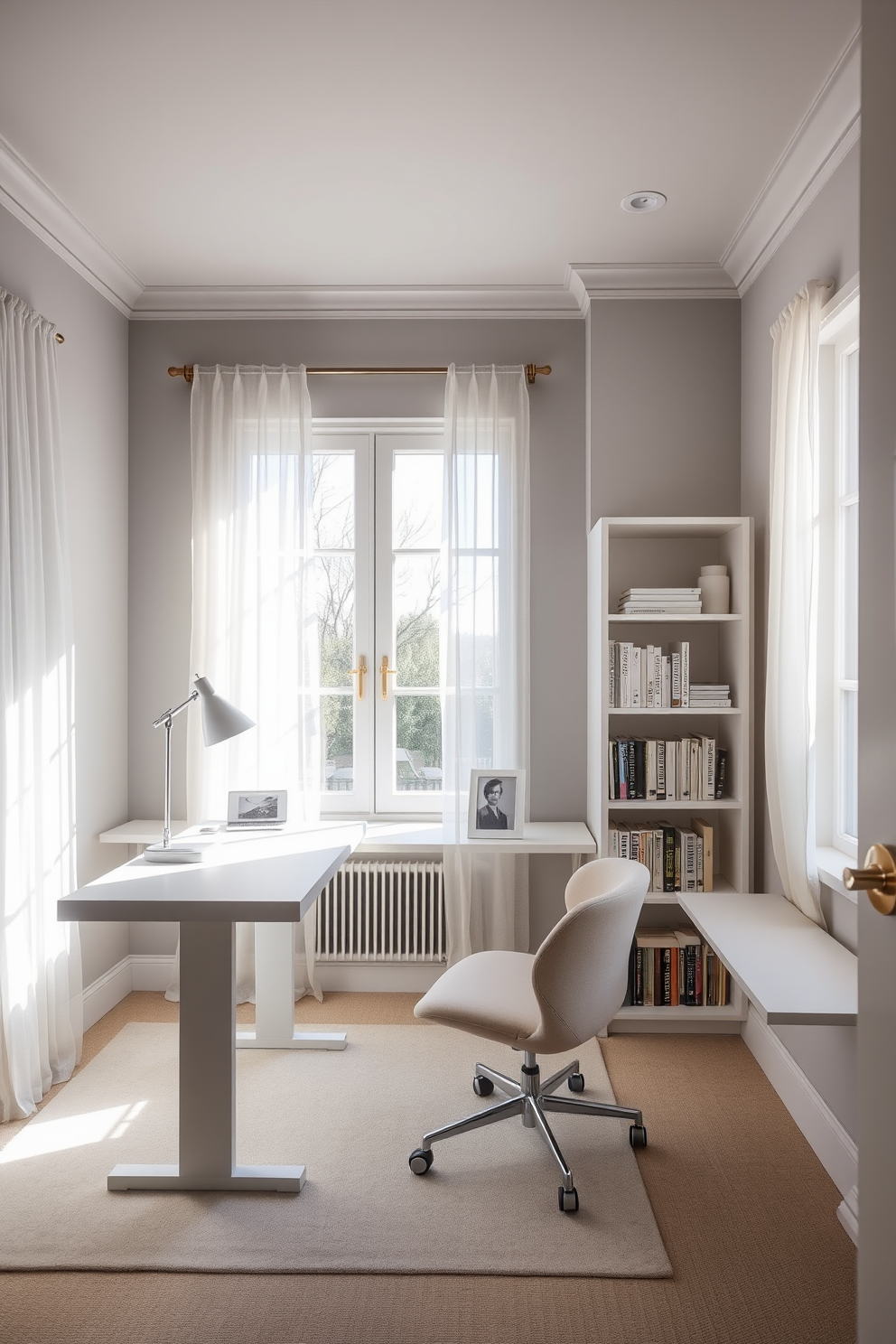 A tranquil home office setting featuring a muted color palette. The walls are painted in soft gray, while the furniture includes a sleek white desk and a comfortable beige chair. Natural light streams in through large windows adorned with sheer curtains. A minimalist bookshelf filled with neutral-toned books complements the serene atmosphere.