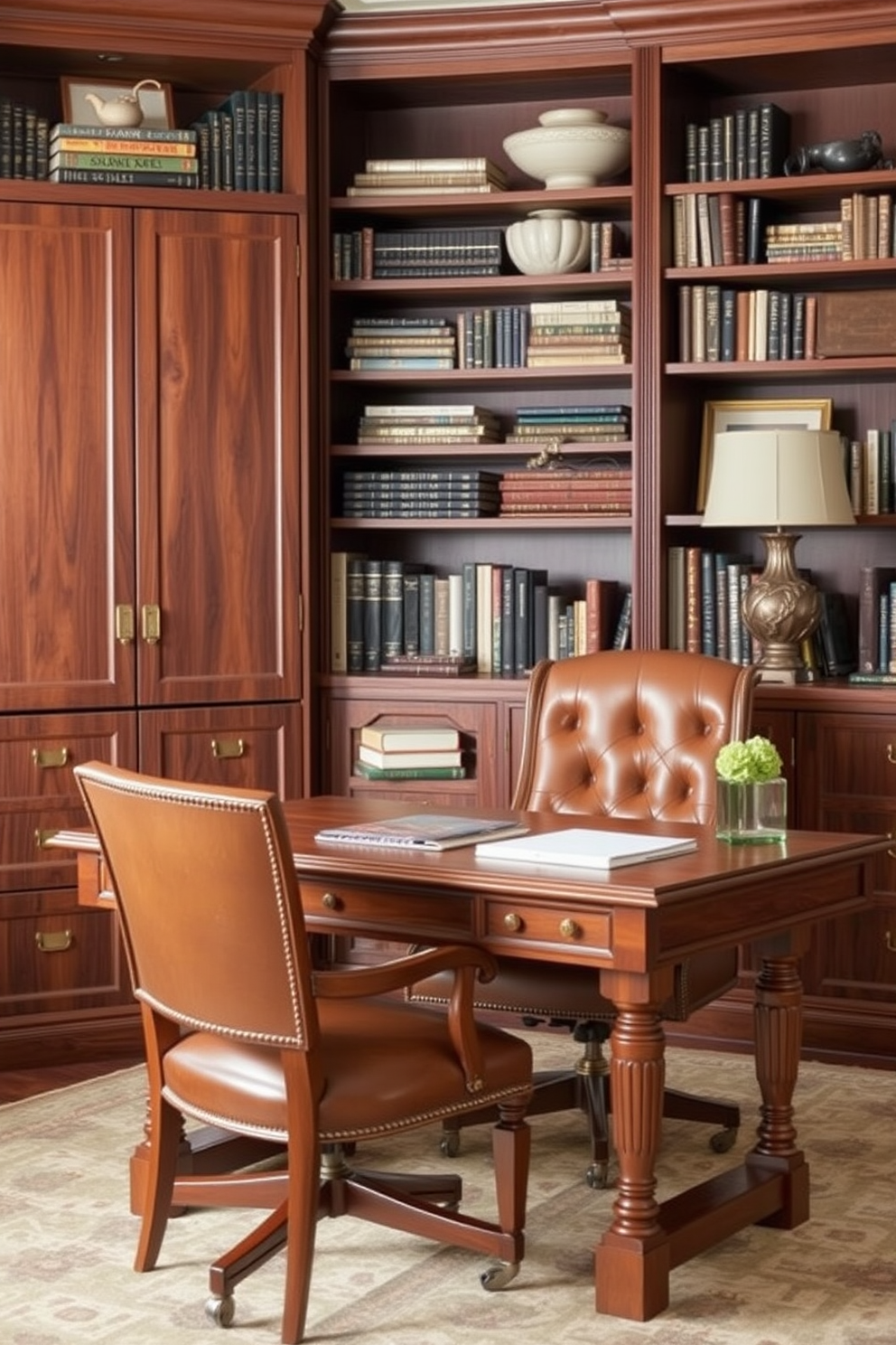 Stylish file cabinets for organized storage. The cabinets are crafted from rich walnut wood with sleek brass handles, providing both elegance and functionality. Classic Home Office Design Ideas. The workspace features a vintage oak desk paired with a comfortable leather chair, surrounded by bookshelves filled with curated literature and decorative items.