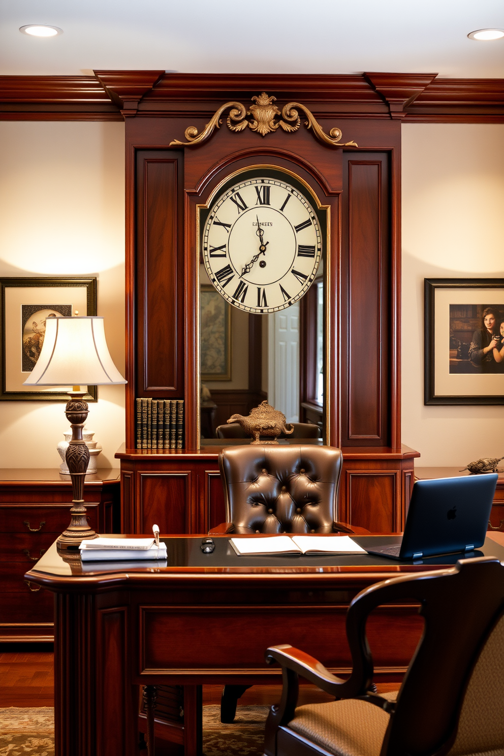 A classic clock serves as the focal point of the room, elegantly positioned above a refined wooden desk. The clock features intricate detailing, complementing the warm tones of the office decor. The home office is designed with rich mahogany furniture that exudes sophistication and comfort. Soft, ambient lighting enhances the inviting atmosphere, creating a perfect workspace for productivity.