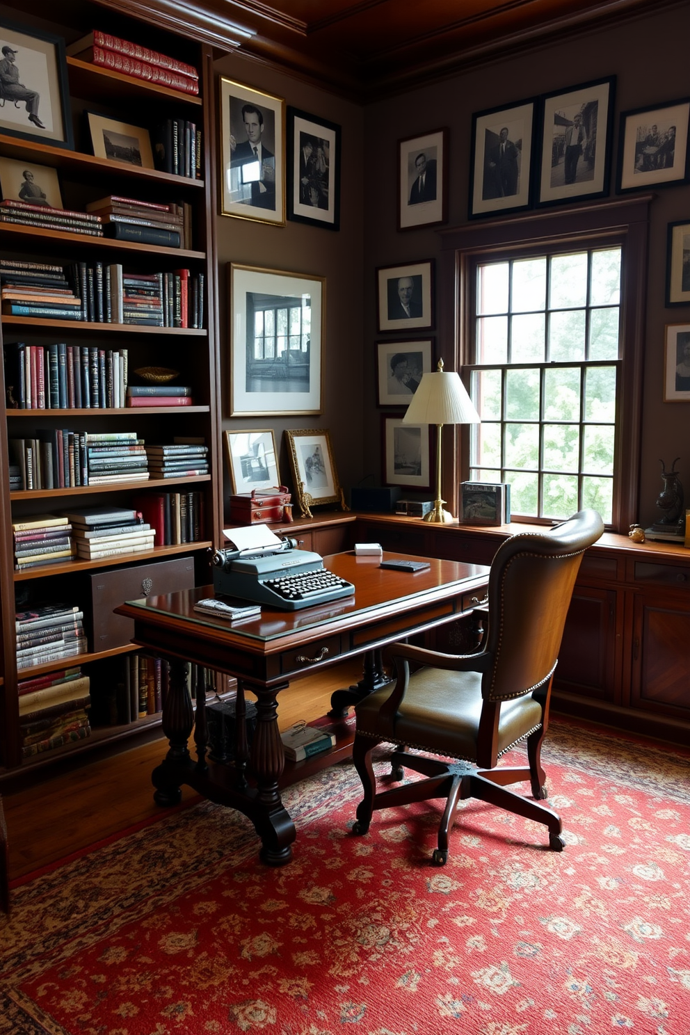 A vintage typewriter sits on a polished wooden desk, surrounded by shelves filled with classic books and decorative items. The walls are adorned with framed black and white photographs, creating a warm and inviting atmosphere in the home office. A comfortable leather chair complements the desk, while a large window allows natural light to flood the space. A rich area rug anchors the room, adding texture and a touch of elegance to the classic design.