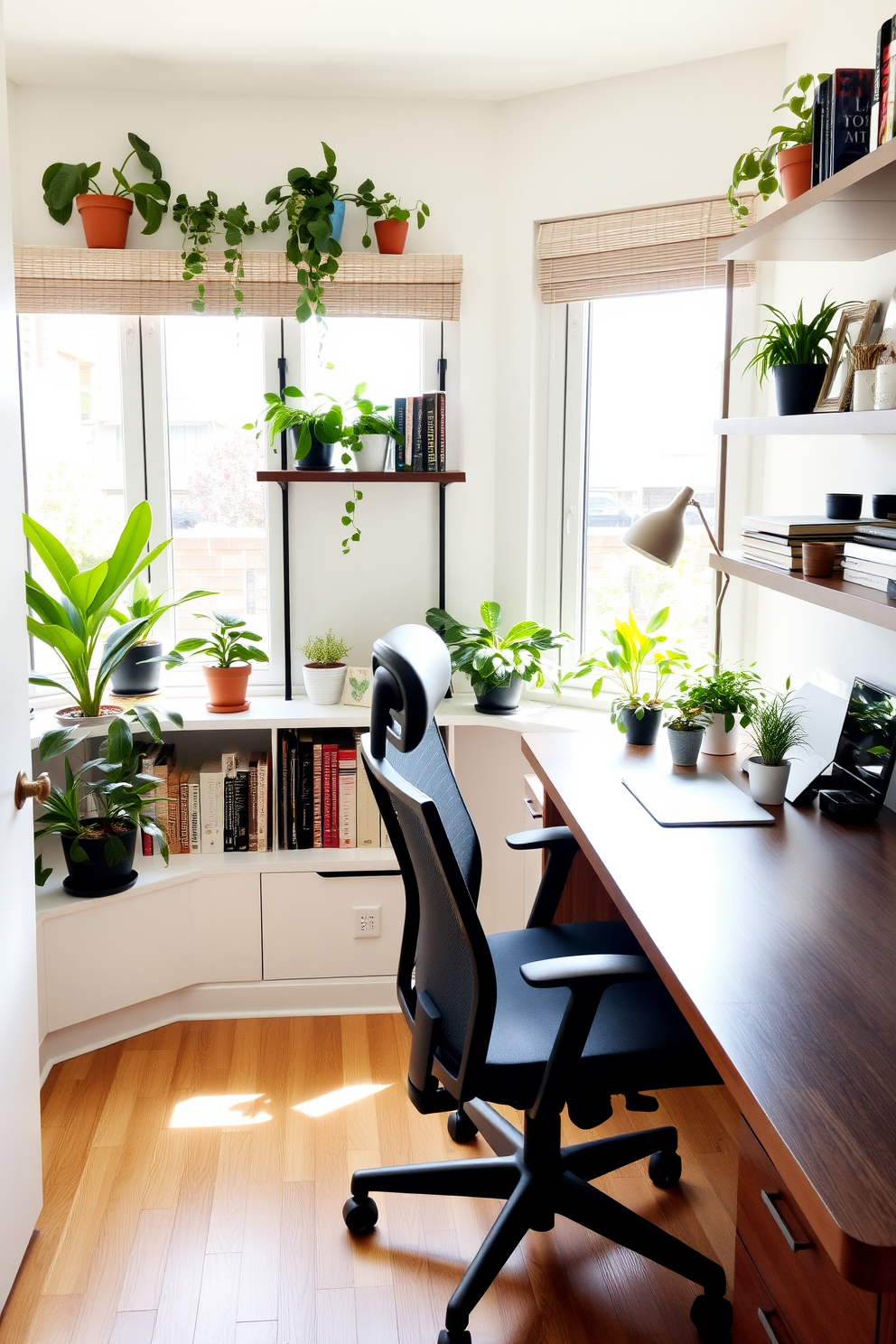 A serene home office setting filled with natural light. There are potted plants placed on the windowsill and in the corners to create a fresh atmosphere. The desk is made of dark wood with a sleek finish, paired with a comfortable ergonomic chair. Shelves lined with books and decorative items add personality to the space while maintaining an organized look.