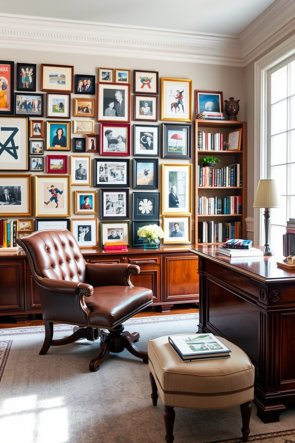 A gallery wall filled with an eclectic mix of framed photos and art pieces creates a vibrant focal point in the room. The frames vary in size and color, showcasing a blend of personal memories and artistic expressions. The classic home office features a large wooden desk with elegant detailing and a comfortable leather chair. Soft natural light streams in through a large window, illuminating bookshelves filled with neatly organized books and decorative items.