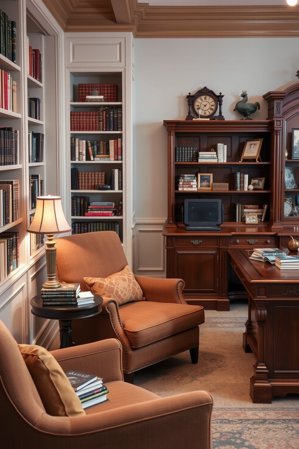 A comfortable armchair is positioned in a cozy reading nook with soft lighting. The armchair is upholstered in a rich fabric, complemented by a small side table holding a stack of books and a warm cup of tea. The classic home office features a large wooden desk with elegant details and a plush ergonomic chair. Shelves lined with books and decorative items create an inviting atmosphere, while a vintage lamp casts a warm glow over the workspace.