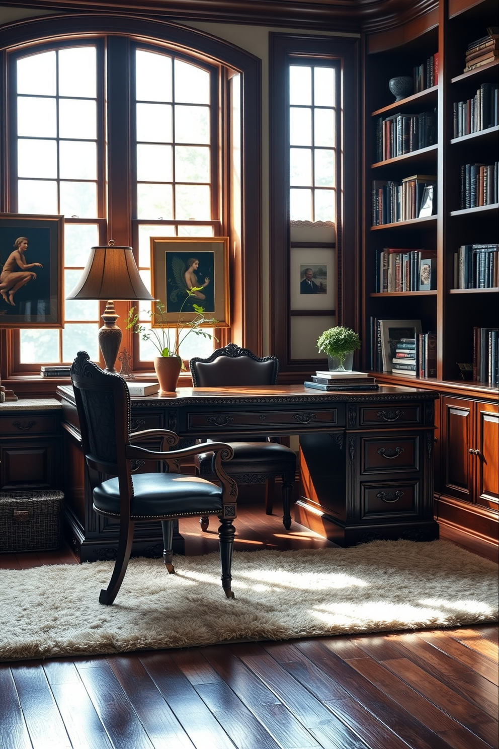 A classic wooden desk with intricate carvings and a rich mahogany finish sits in the center of a cozy home office. The desk is paired with a vintage leather chair, and the walls are adorned with framed artwork and shelves filled with books. Natural light floods the space through large windows, highlighting the warm tones of the wood. A plush area rug anchors the room, while a small potted plant adds a touch of greenery to the elegant setting.