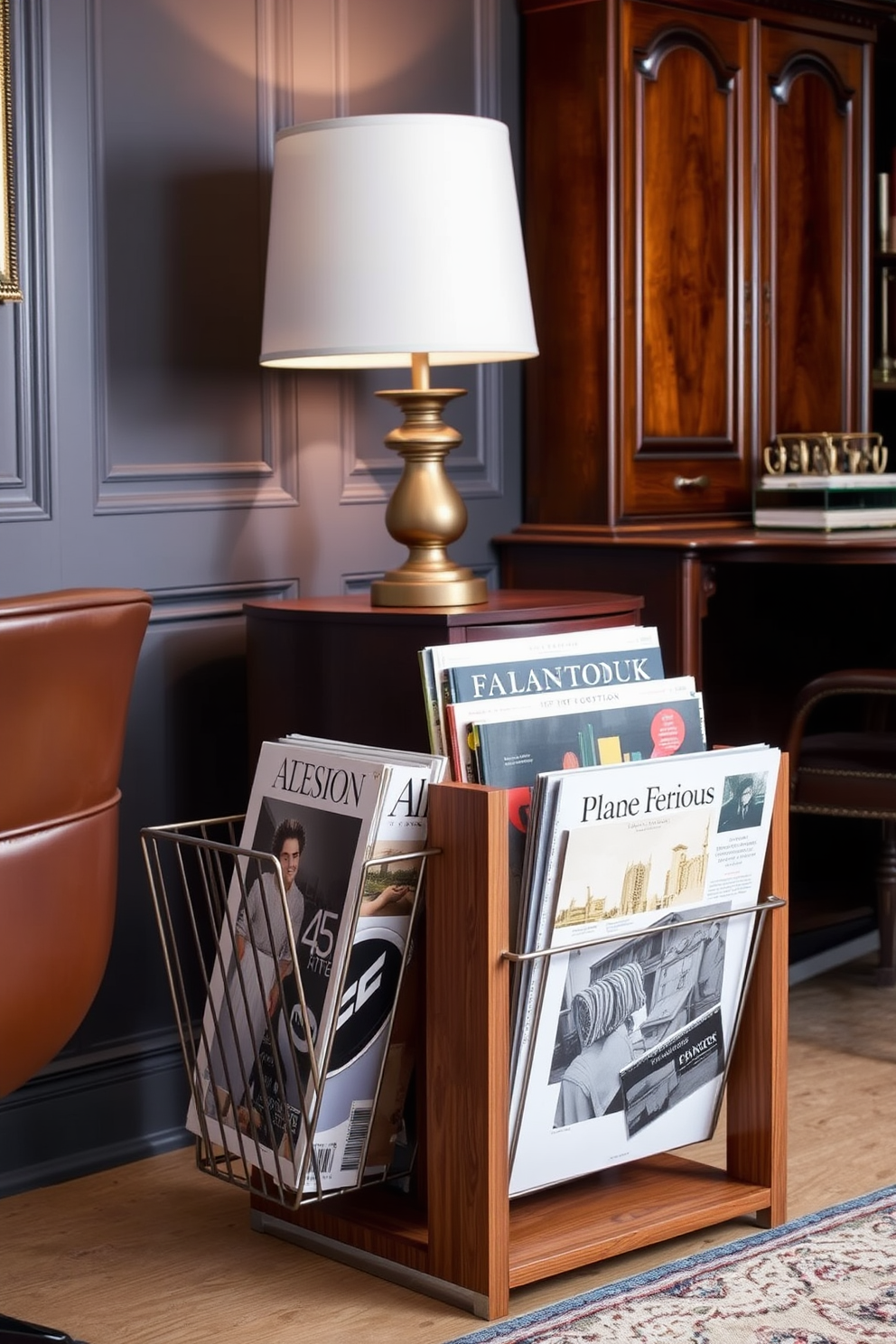 A stylish magazine rack made of sleek metal and wood sits beside a modern desk. The rack is filled with an assortment of design magazines, creating an inviting and organized workspace. Classic home office design ideas feature a rich wood desk paired with a comfortable leather chair. Soft lighting from a vintage lamp casts a warm glow over the room, enhancing the elegant atmosphere.