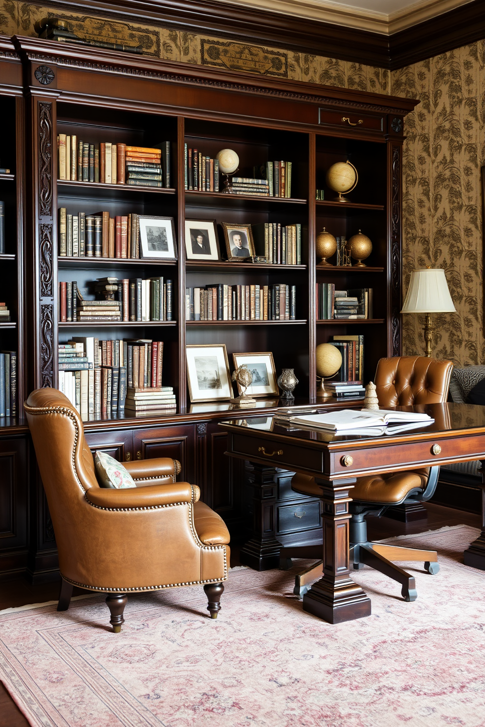 A classic bookshelf with antique accents. The bookshelf is made of dark mahogany wood and features intricate carvings along the edges. It is filled with a collection of vintage books and decorative items like globes and framed photographs. A comfortable leather armchair sits beside the bookshelf, creating a cozy reading nook. Classic home office design ideas. The office features a large wooden desk with brass hardware and a plush ergonomic chair. Richly patterned wallpaper in soft tones adds warmth to the space, while a vintage rug anchors the room.