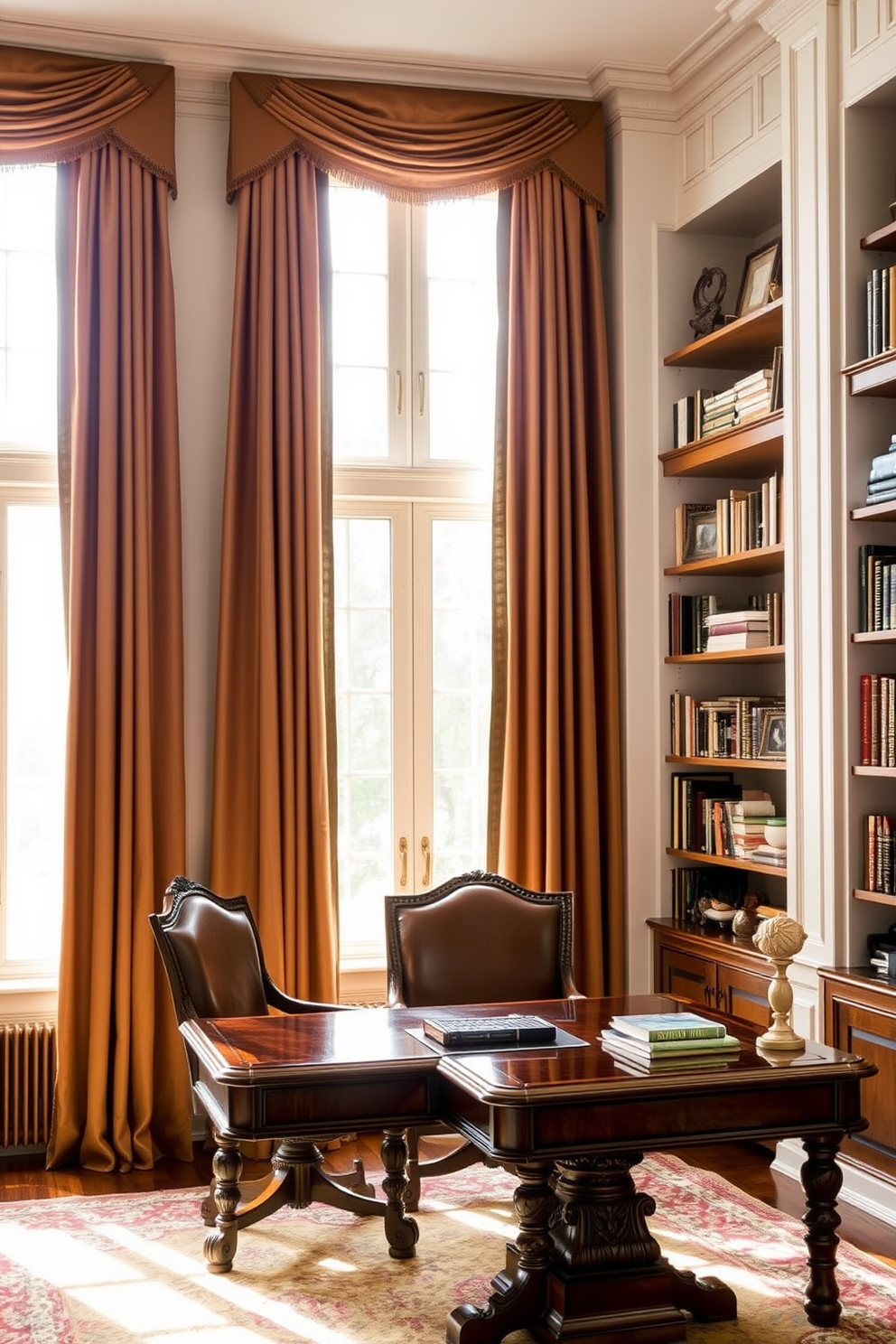 Elegant drapes frame the tall windows, cascading in soft layers of rich fabric that complement the room's color palette. The natural light filters through, creating a warm and inviting atmosphere in the space. Classic home office design features a sturdy wooden desk with intricate detailing and a comfortable leather chair. Bookshelves line the walls, filled with an array of books and decorative items that reflect personal style and sophistication.