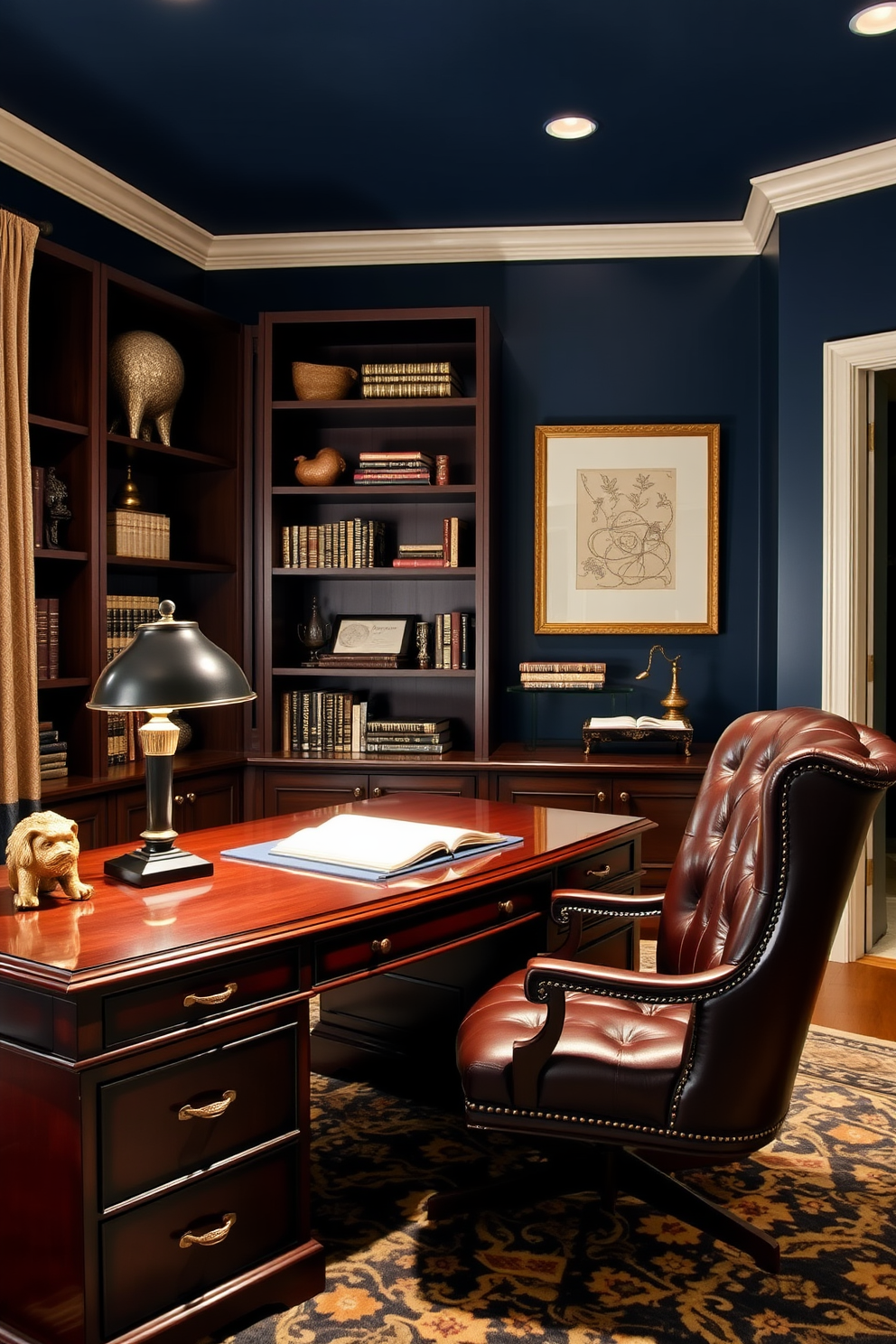 A cozy home office designed with rich dark colors creates an inviting and warm atmosphere. The walls are painted in a deep navy blue, complemented by a mahogany desk and a plush leather chair. A large bookshelf filled with dark wood accents and decorative items adds personality to the space. Soft lighting from a stylish desk lamp creates a comfortable workspace, while a patterned rug enhances the overall design.