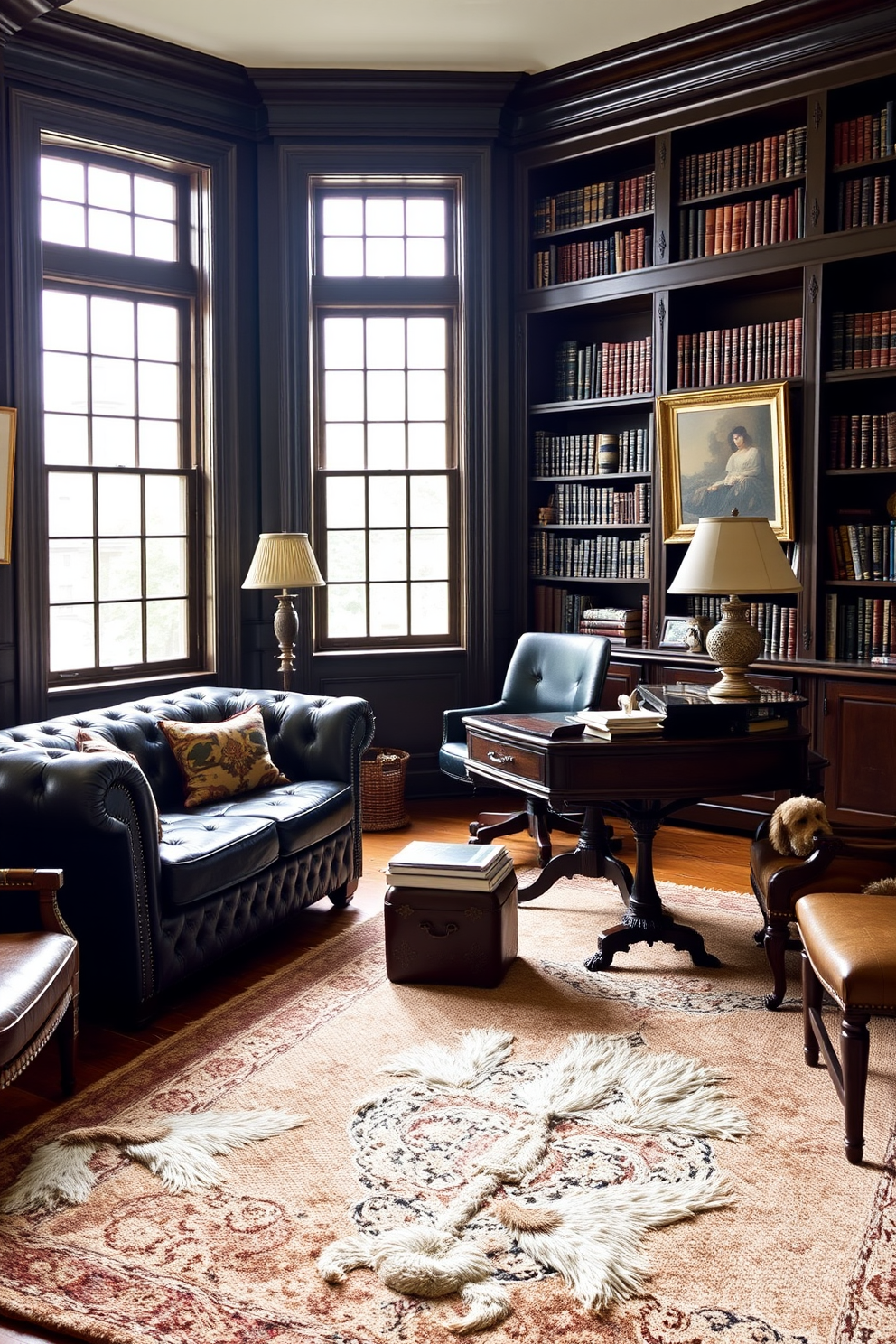 A Chesterfield sofa upholstered in rich leather provides comfortable seating in a classic home office. The room features dark wood bookshelves filled with books, and a vintage desk with an antique lamp sits in front of a large window allowing natural light to fill the space. Classic home office design ideas include a warm color palette with deep greens and browns. A plush area rug anchors the seating area, while framed artwork adorns the walls, adding a touch of sophistication to the environment.