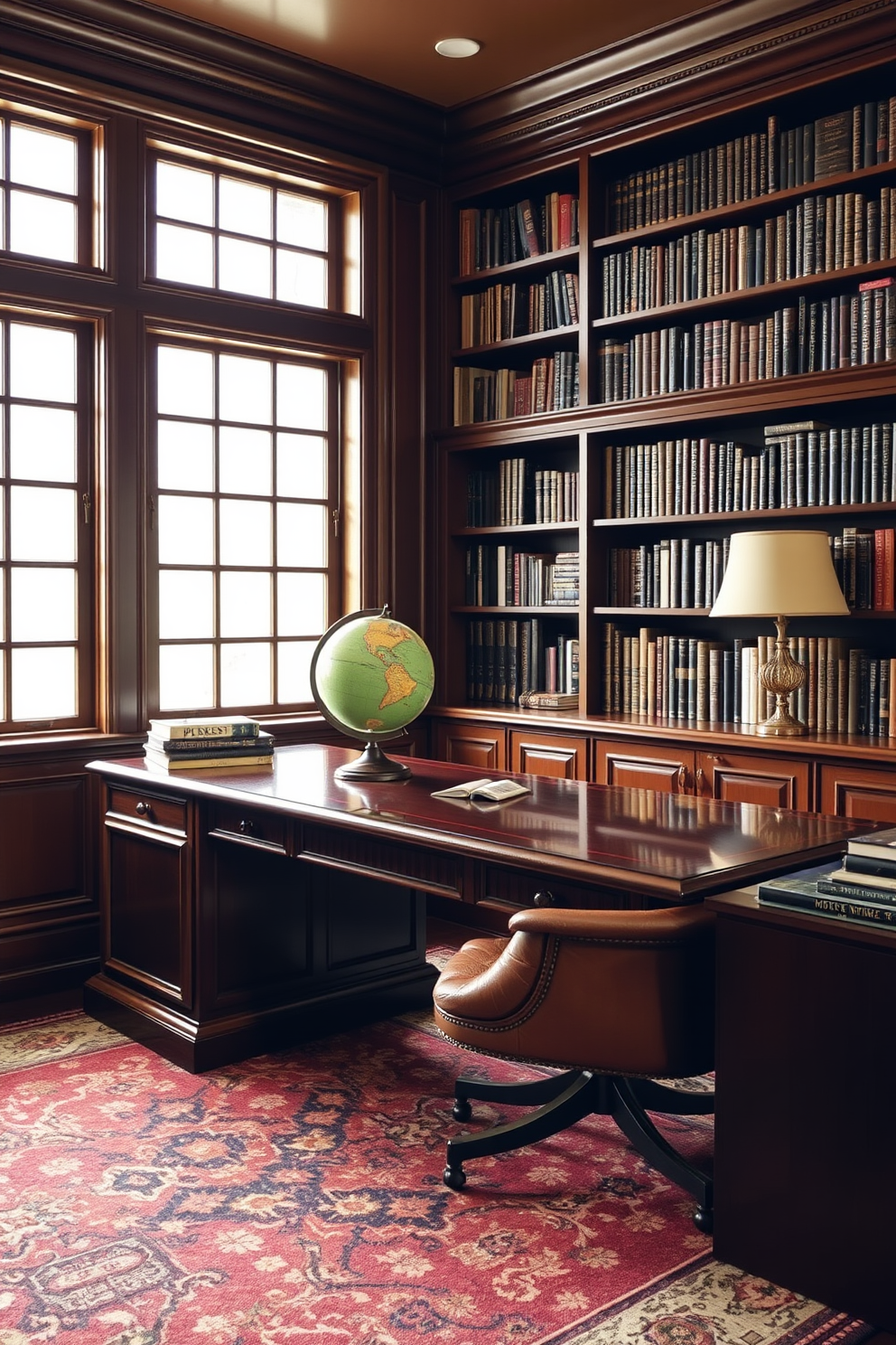 A vintage globe sits elegantly on a polished wooden desk surrounded by shelves filled with classic literature. The walls are adorned with rich mahogany paneling and soft, muted lighting creates a warm and inviting atmosphere. A comfortable leather chair complements the desk, while a patterned area rug adds texture to the space. Large windows allow natural light to flood in, highlighting the timeless charm of this classic home office design.