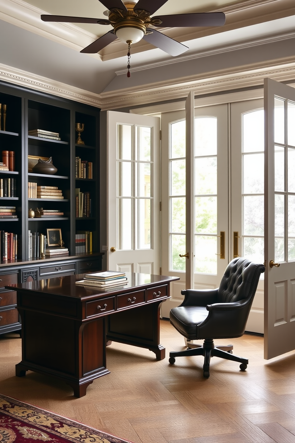 A classic home office design featuring elegant French doors that allow natural light to flood the space. The room is adorned with a rich wooden desk and a comfortable leather chair, complemented by built-in bookshelves filled with books and decorative items.