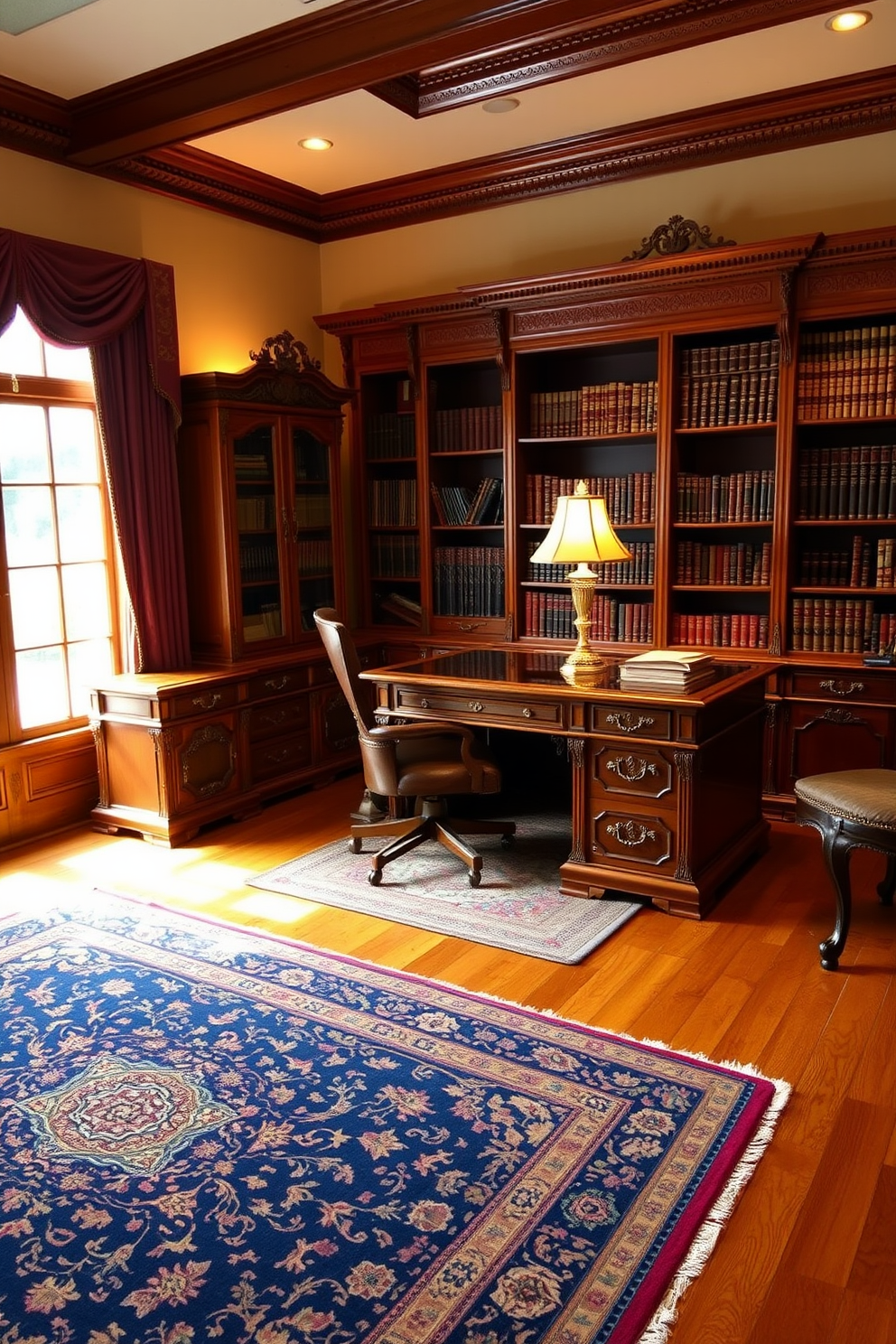 A chic brass desk lamp stands elegantly on a polished wooden desk, casting a warm glow across the workspace. The lamp features a sleek design with a curved neck and a white shade, complementing the classic home office decor. Surrounding the desk are rich wooden bookshelves filled with neatly arranged books and decorative items. A plush leather chair sits invitingly, enhancing the sophisticated atmosphere of the office.