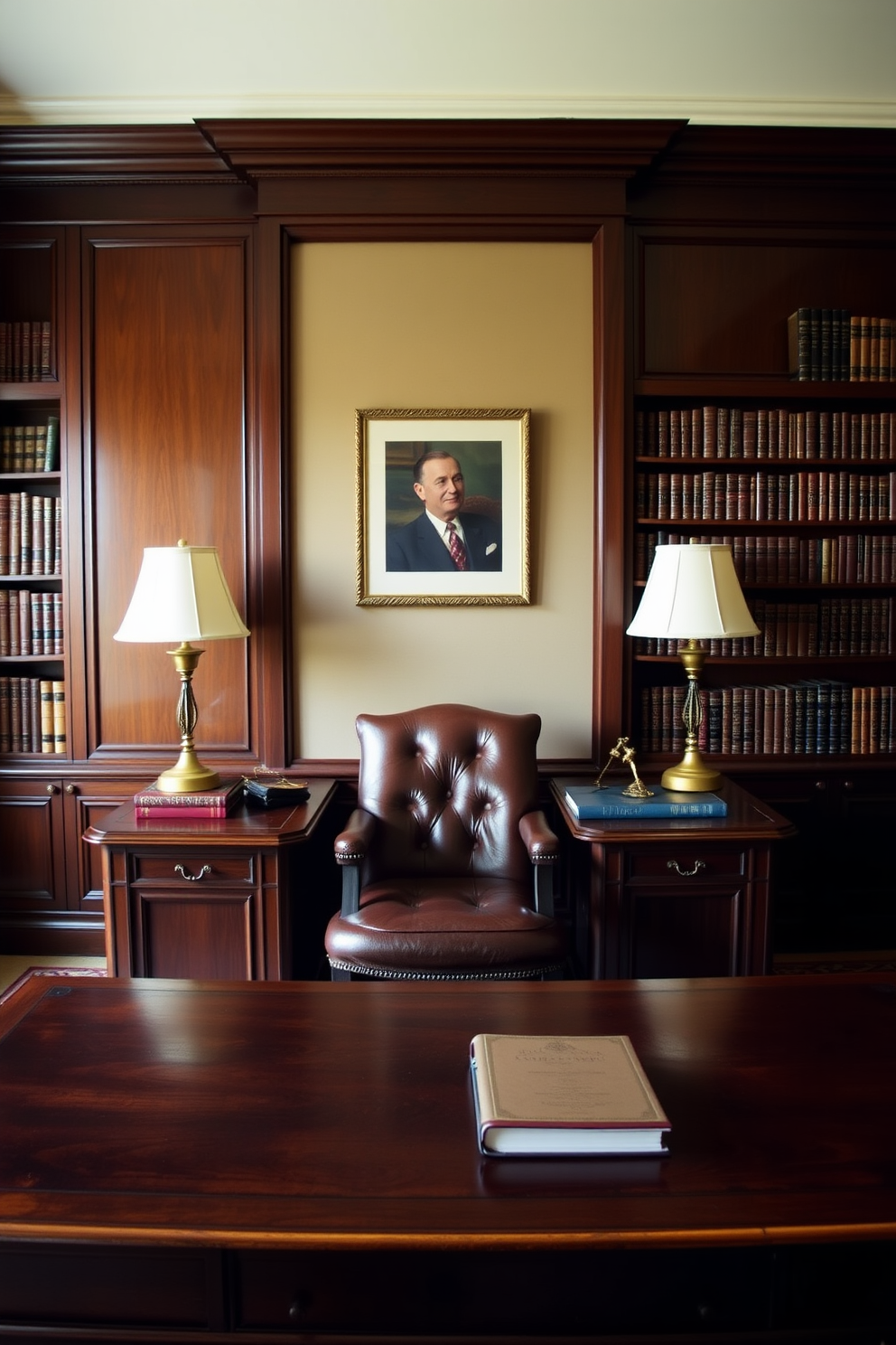 A classic home office setting featuring rich wooden furniture and brass fixtures for a touch of elegance. The desk is large and imposing, with a comfortable leather chair positioned behind it, and bookshelves filled with leather-bound volumes line the walls.