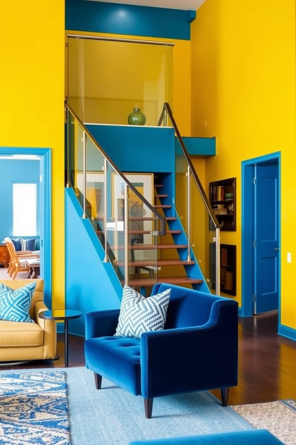 Bright paint colors for energy boost. Imagine a vibrant living room with walls painted in a lively yellow hue, complemented by bold blue accent furniture. Closed staircase design ideas. Envision a sleek staircase enclosed with glass panels, featuring a modern handrail that adds a touch of elegance to the space.