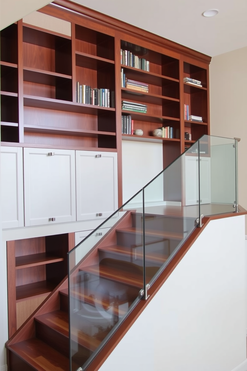 Custom built-in bookcases designed for functionality. The shelves are crafted from rich mahogany wood, featuring a mix of open and closed storage spaces to accommodate books and decorative items. The closed staircase design incorporates elegant wooden steps with a sleek glass railing. The surrounding walls are adorned with soft, neutral paint, enhancing the modern aesthetic of the space.