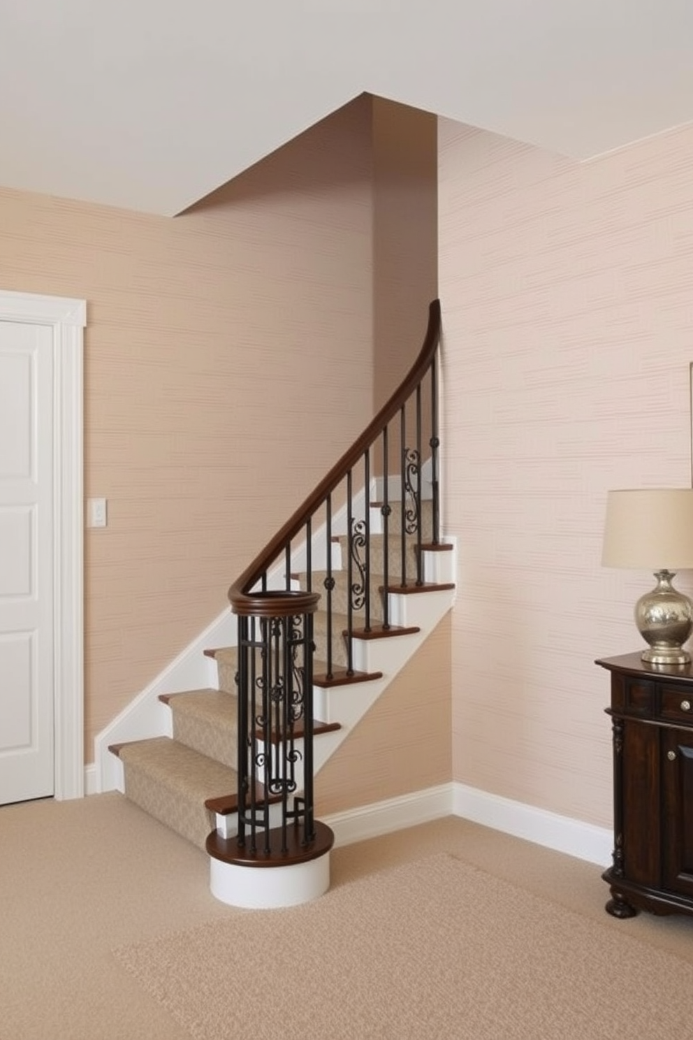 Natural stone steps lead gracefully to an upper level, showcasing a blend of sophistication and natural beauty. The steps are complemented by a sleek metal railing that enhances the overall modern aesthetic of the closed staircase design. The walls adjacent to the staircase are adorned with soft lighting, creating a warm and inviting atmosphere. Rich wooden accents on the staircase add depth and contrast, making the space feel both luxurious and welcoming.