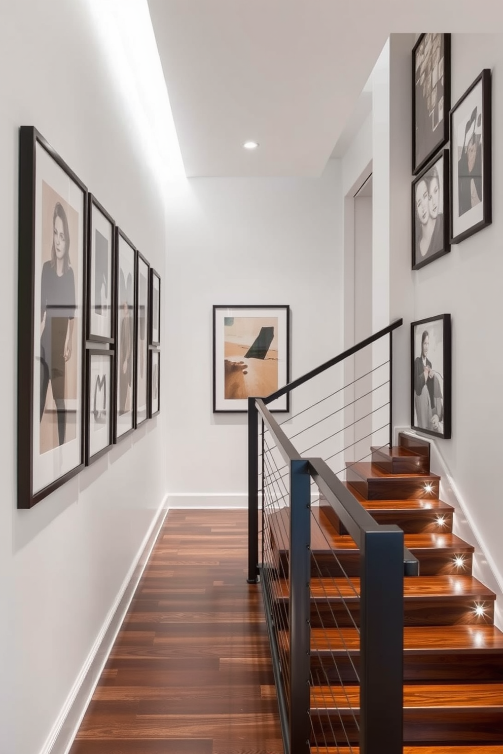 Framed artwork adorns the walls of a spacious hallway, featuring a curated collection of abstract pieces in muted tones that complement the sophisticated decor. The elegant frames are made of polished black wood, adding a modern yet timeless appeal to the space. The closed staircase features a sleek design with rich mahogany steps and a minimalist metal railing that enhances its contemporary look. Soft recessed lighting illuminates the staircase, highlighting the craftsmanship and creating a warm ambiance as you ascend.