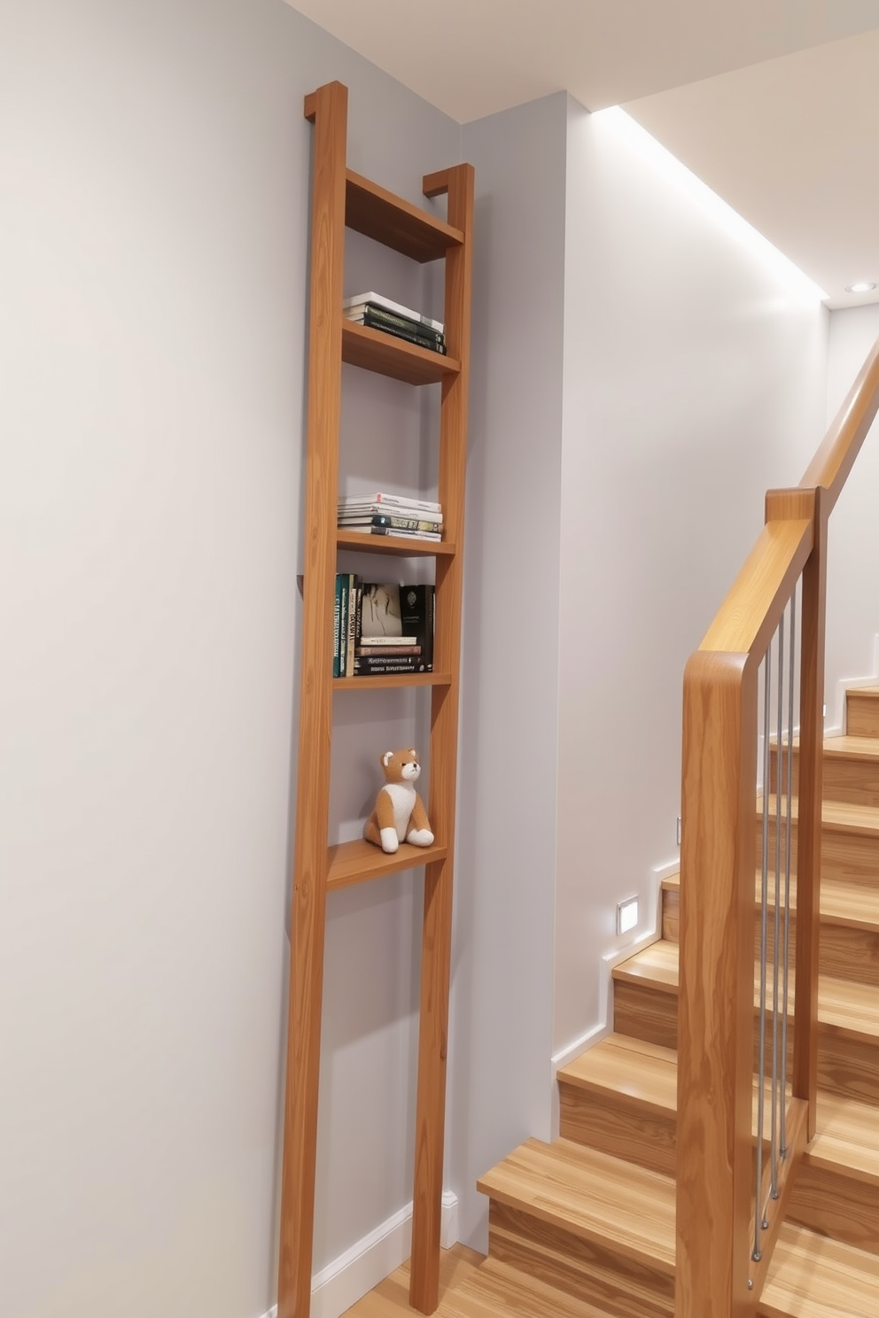 A stylish ladder shelf made of sleek wood with open shelving for displaying books and decorative items. The shelf is positioned against a light gray wall, creating a modern and airy feel in the space. A closed staircase design featuring elegant wooden steps with a minimalist railing. The staircase is illuminated by soft recessed lighting, enhancing its contemporary aesthetic while maintaining a warm ambiance.