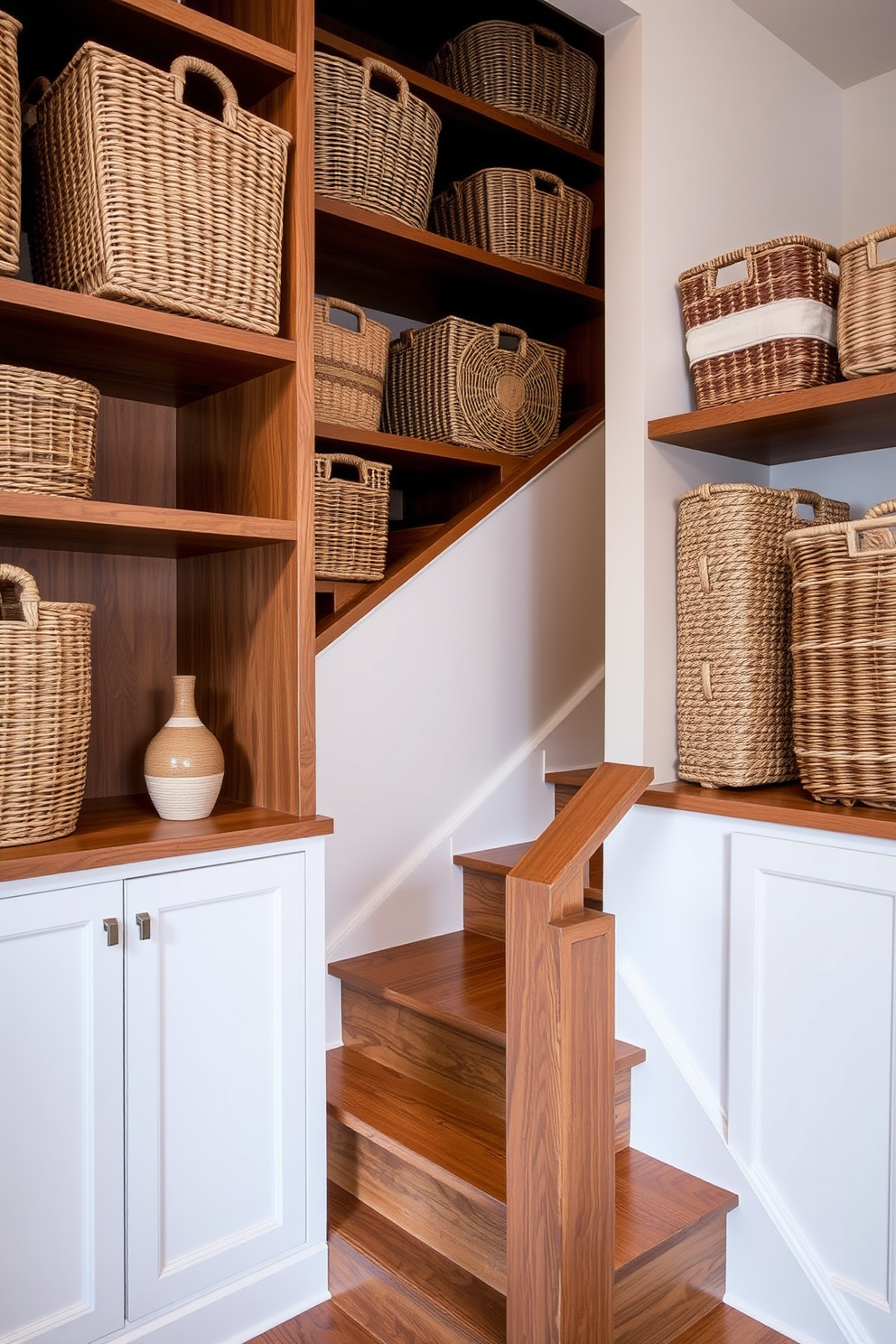 Woven baskets are placed strategically on open shelves, adding texture and warmth to the space. They come in various sizes and natural materials, enhancing the overall aesthetic while providing stylish organization. The closed staircase features elegant wooden steps with a sleek handrail, seamlessly blending functionality and design. Soft lighting illuminates the staircase, highlighting the craftsmanship and creating an inviting atmosphere.