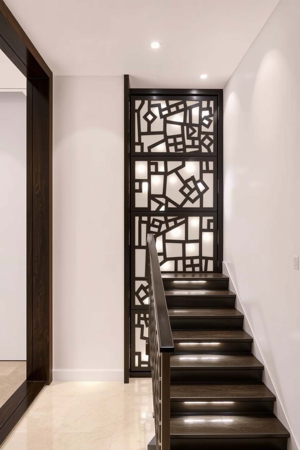 A stunning closed staircase featuring a sleek design with geometric patterns incorporated into the railing and wall panels. The staircase is illuminated by recessed lighting, highlighting the intricate shapes and creating a sense of depth and elegance.