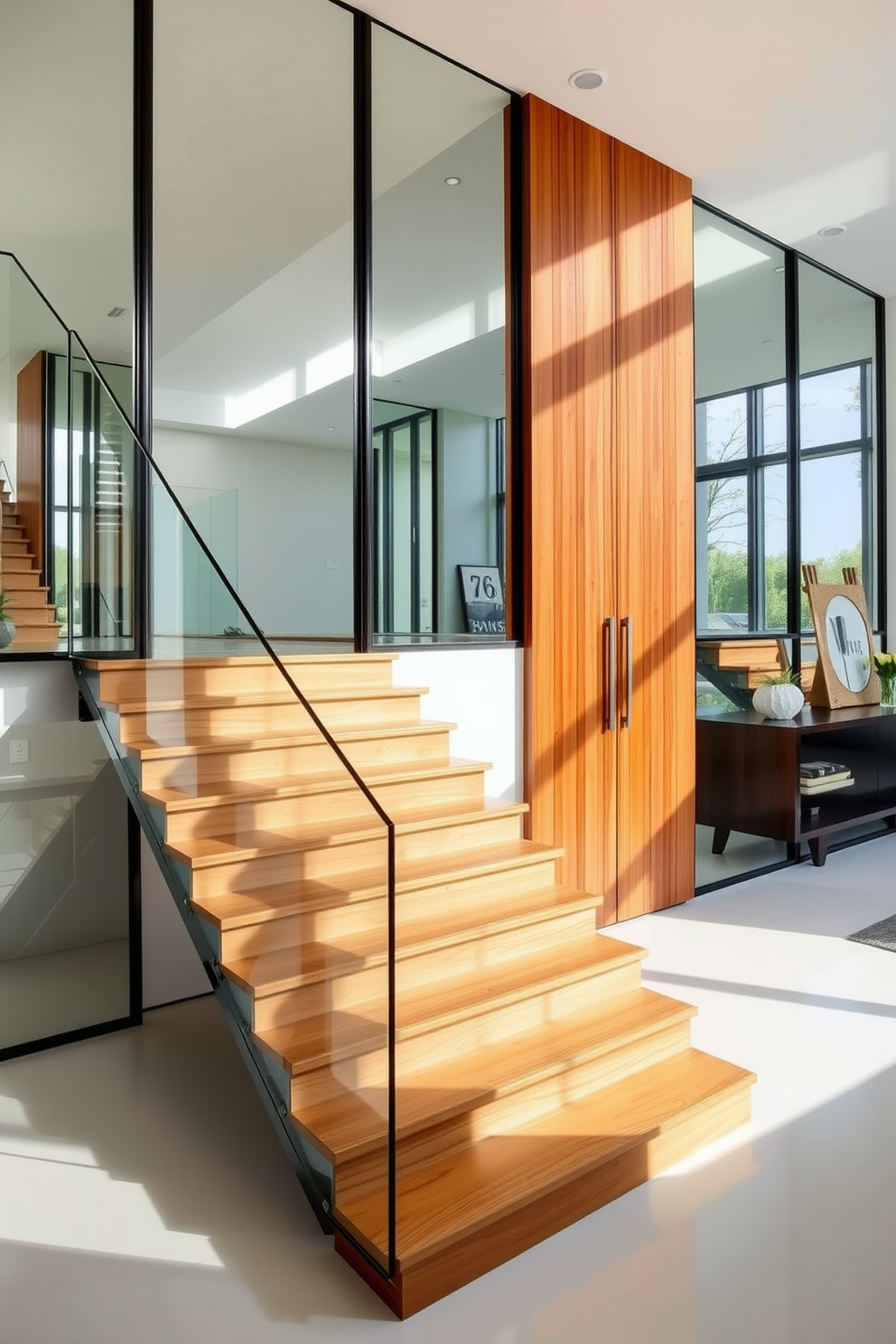 A modern staircase design featuring a closed staircase with sleek wooden steps. Large mirrors are strategically placed to reflect natural light throughout the space.