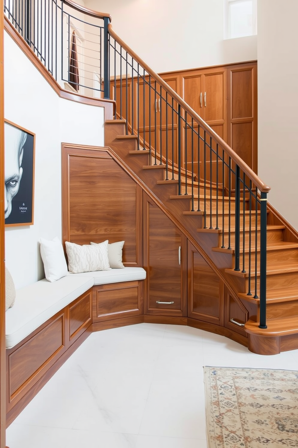 An industrial style interior featuring exposed beams with a raw metal finish. The space includes large windows allowing natural light to flood in, highlighting the rustic wooden floors. A closed staircase design that combines sleek metal railings with wooden treads. The staircase is framed by a textured wall, creating a striking focal point in the room.