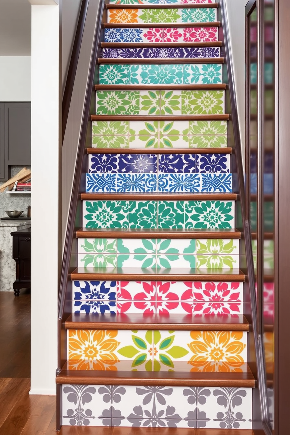 Colorful stair risers create a vibrant and playful atmosphere in any home. Each riser features a different bold pattern, ranging from geometric shapes to floral designs, adding a unique touch to the staircase. Closed staircase designs offer a sleek and modern aesthetic while maximizing space. The stairs are enclosed with stylish panels, allowing for creative use of the surrounding area, such as built-in shelving or decorative elements.