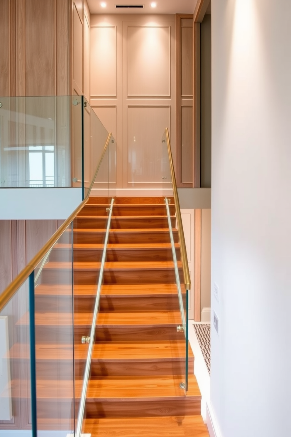 A modern staircase design featuring a sleek glass railing that enhances the sense of openness and light in the space. The steps are made of rich hardwood, contrasting beautifully with the transparent railing to create a seamless flow between floors. A cozy closed staircase design that maximizes space efficiency while maintaining a stylish appearance. The walls are adorned with elegant paneling, and the staircase is illuminated by soft recessed lighting, creating a warm and inviting atmosphere.